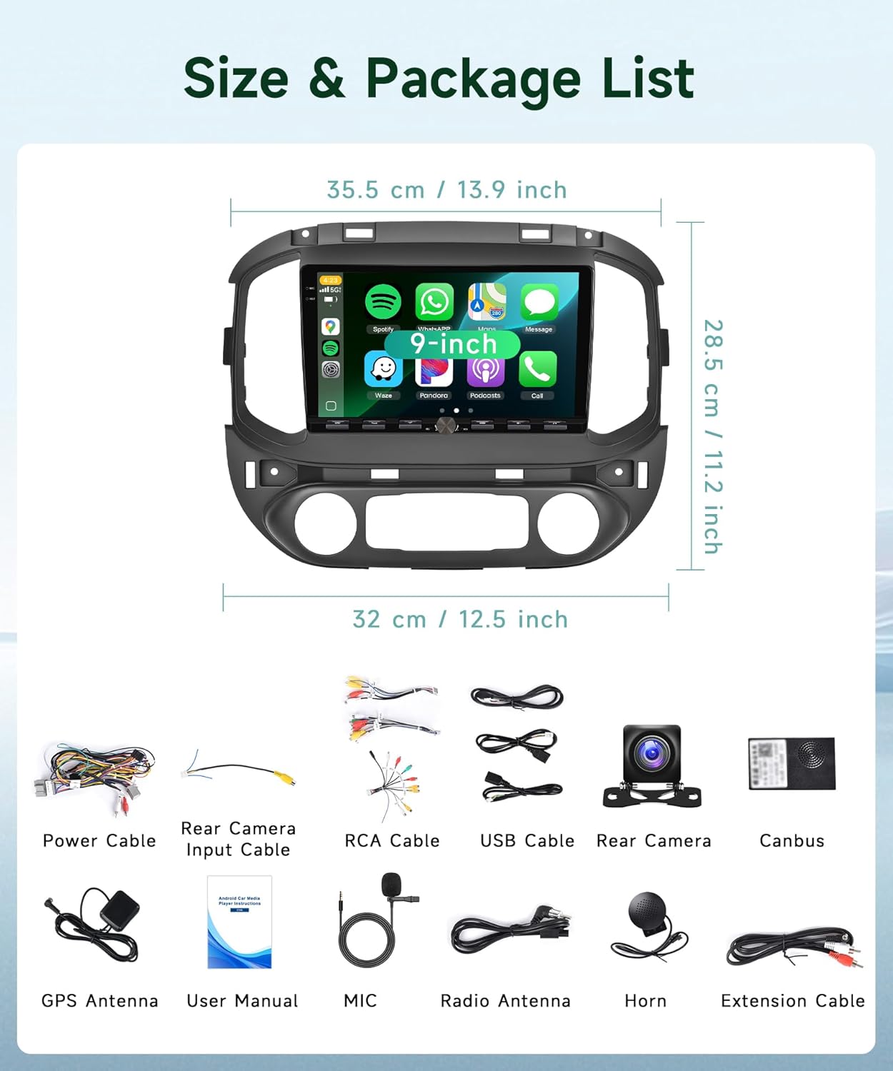 Image showing all included components of the car stereo package.