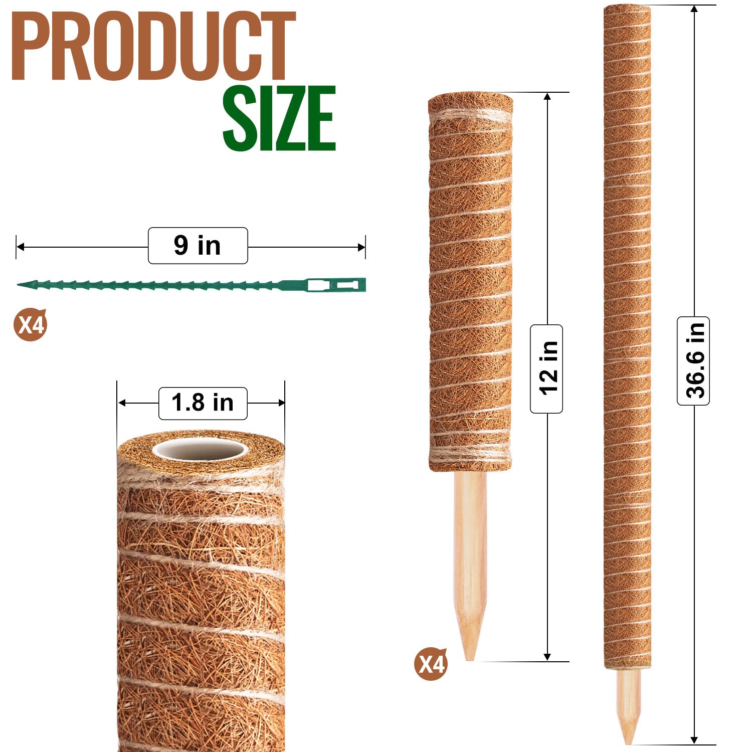 Totemstange aus Kokosfaser mit 16 verstellbaren Pflanzenbindern, Totemstange aus Kokosfaser, Moosstab für Kletterpflanzen, 8 Stück, 30,5 cm