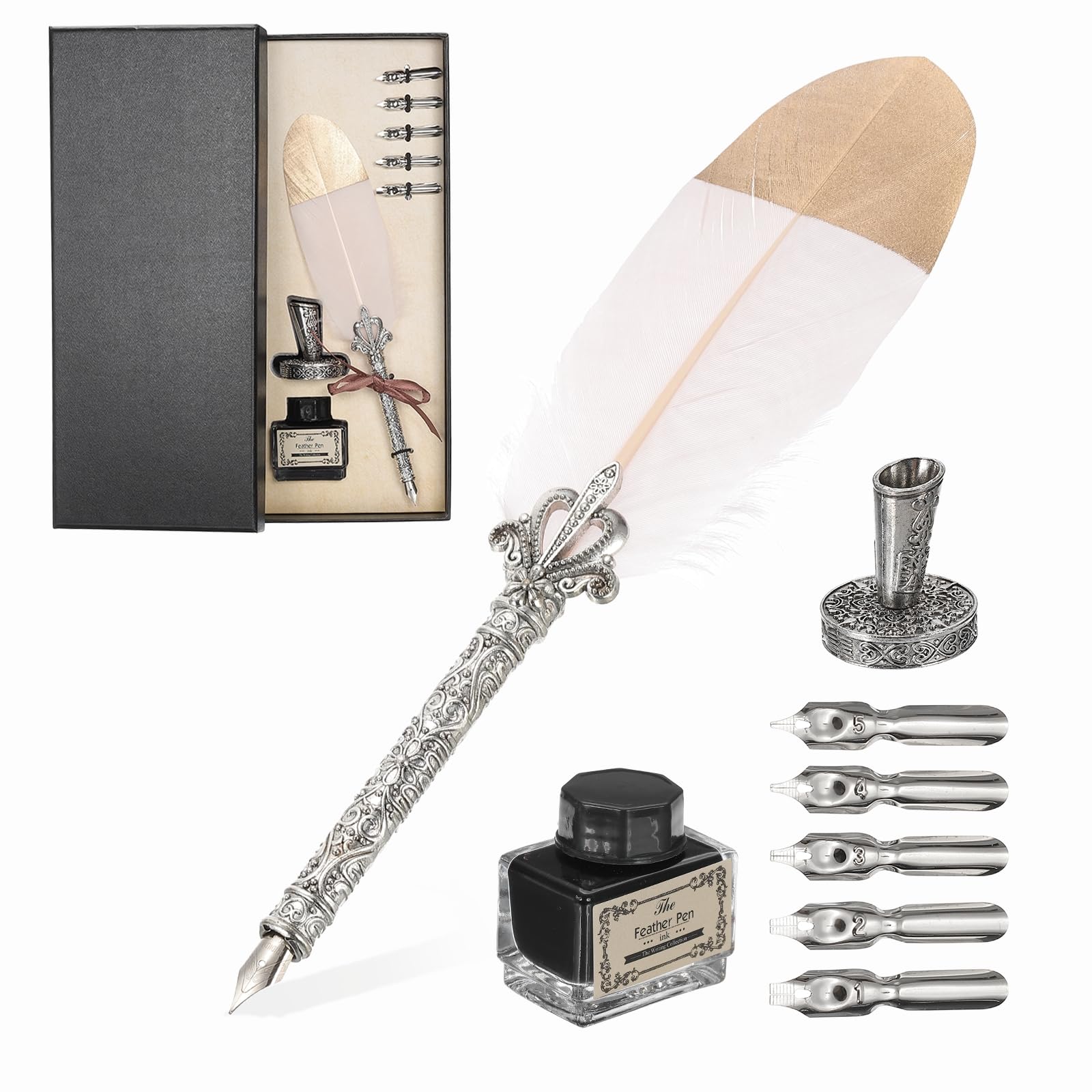 PATIKIL Feather Quill Pen Set, 1 Set Vintage Feather Calligraphy Pen Fountain Dip Pen Set with Ink, Pen Holder and Replacement Nibs for Beginner Writer Writing Gift, Pink