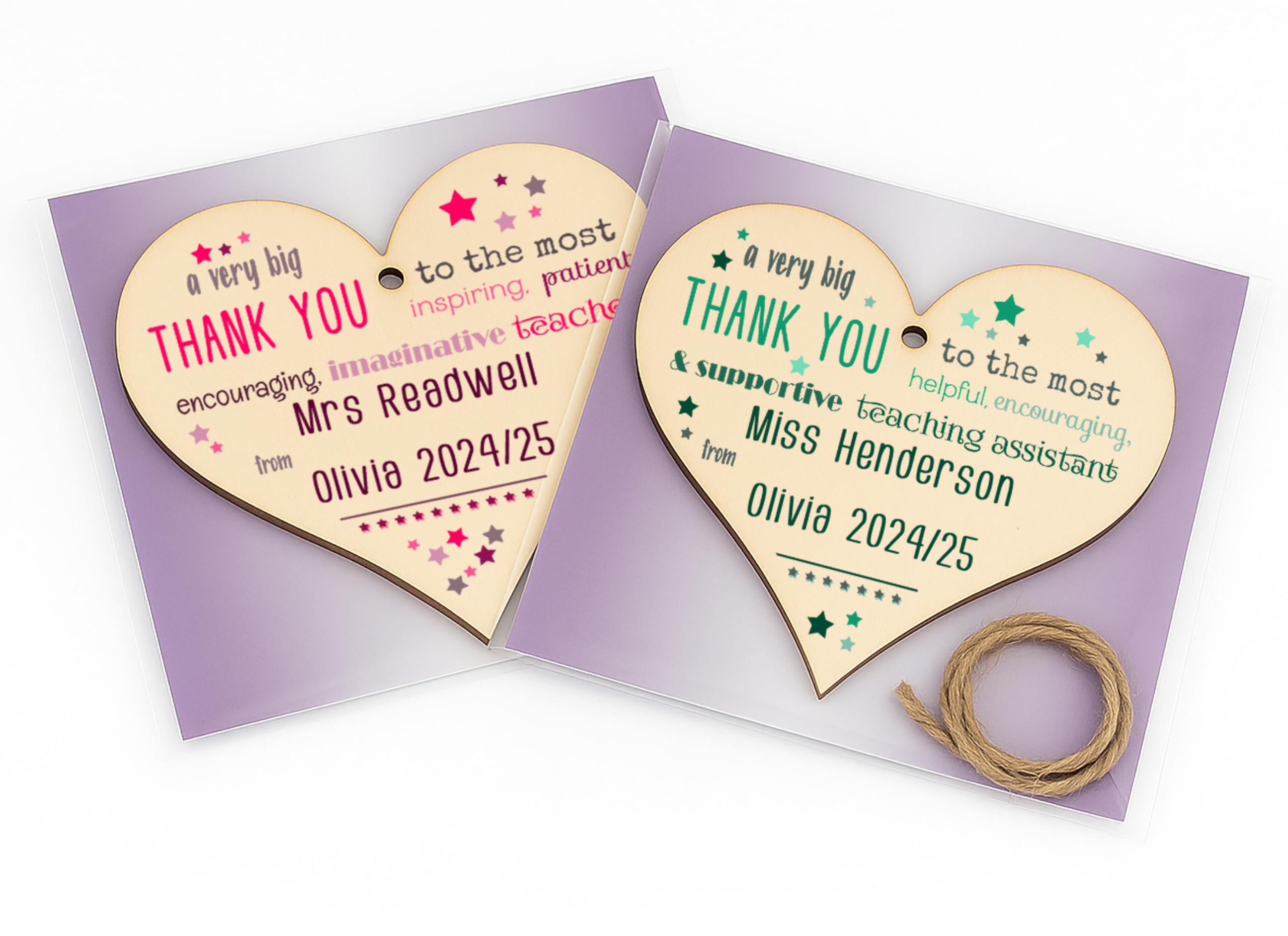 Pack of 2 Individually Personalised Teacher Gift Wooden Hanging Heart Plaque Bundle Customisable Set Ready for Gifting End of Term Thank You Gift Teachers, TAs, Nursery, Preschool Childminder (2) — image 1