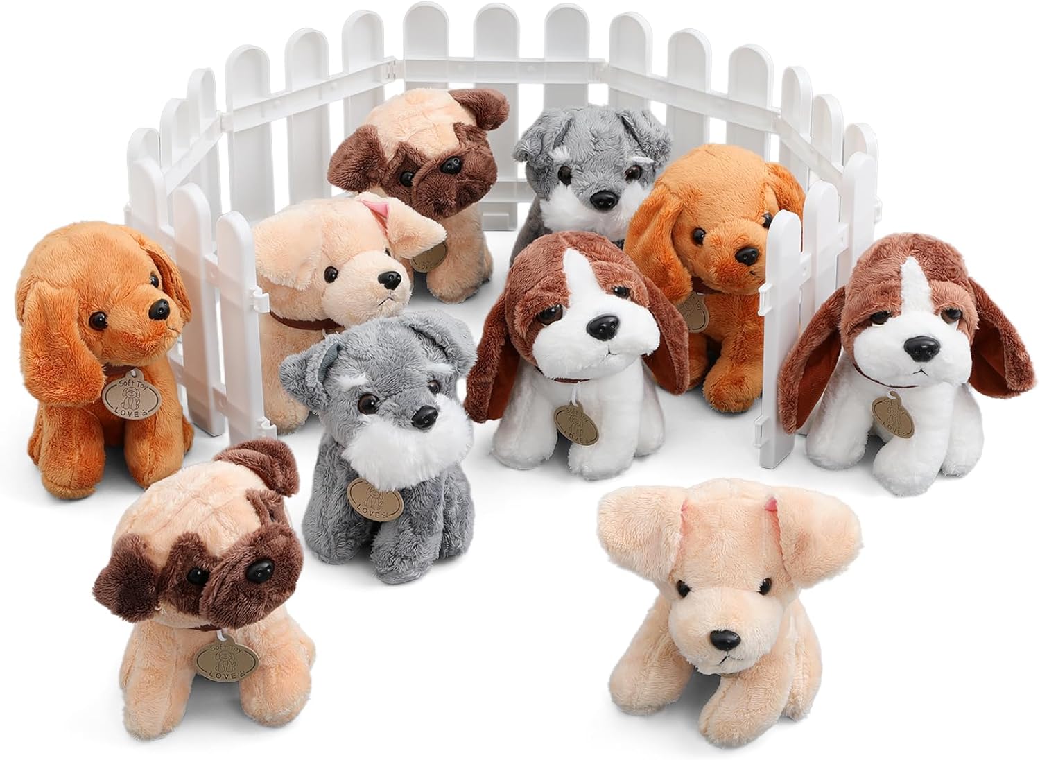 17 Pcs Adopt a Puppy Pet Party Favors Set with 10 Pcs 8 Inch Large Plush Stuffed Animals Dog and 7 White Plastic Garden Fence for Adopt a Pet Dog Theme Party Birthday Home Decor Gift