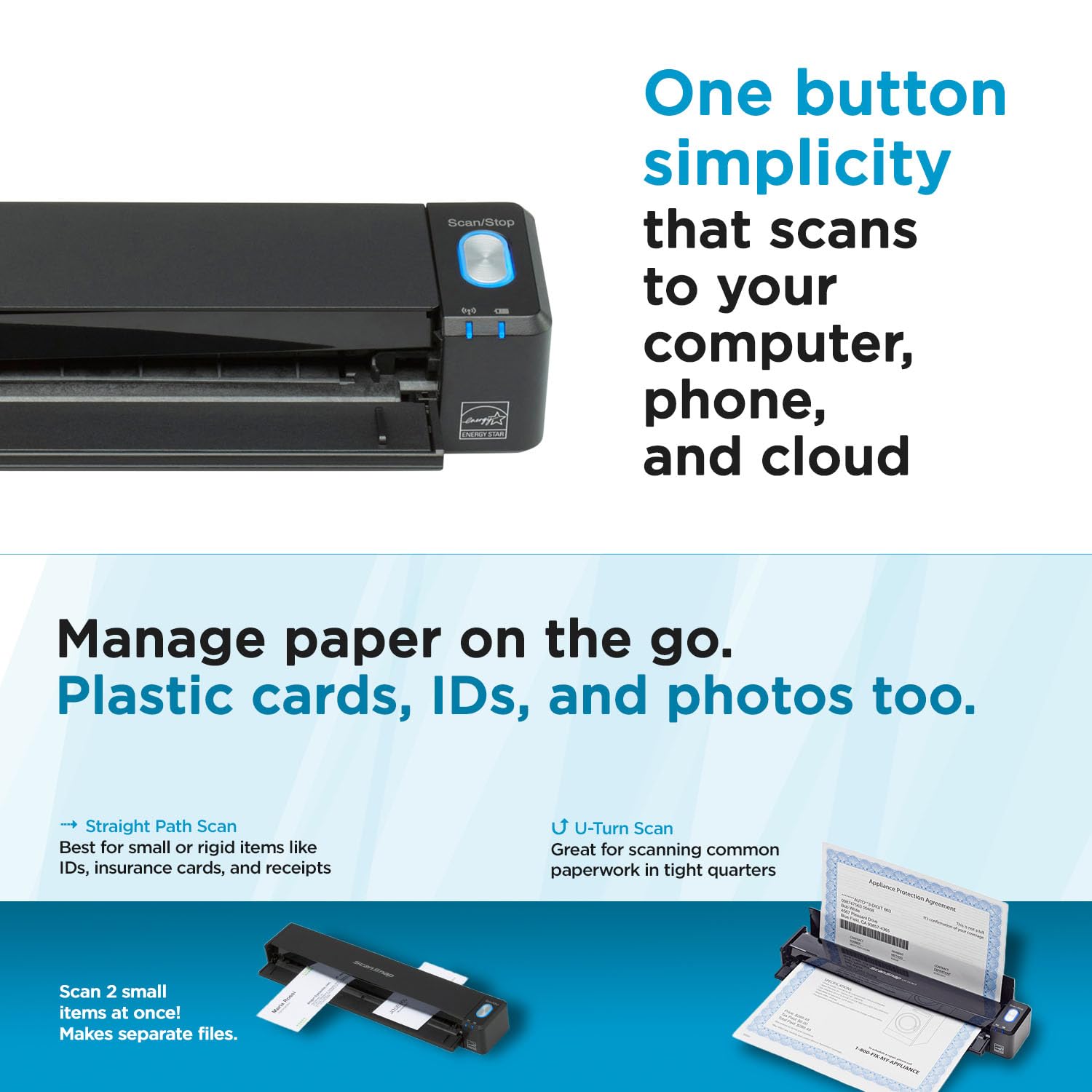 ScanSnap Scanner portátil sem fio iX100 para Mac ou PC, preto