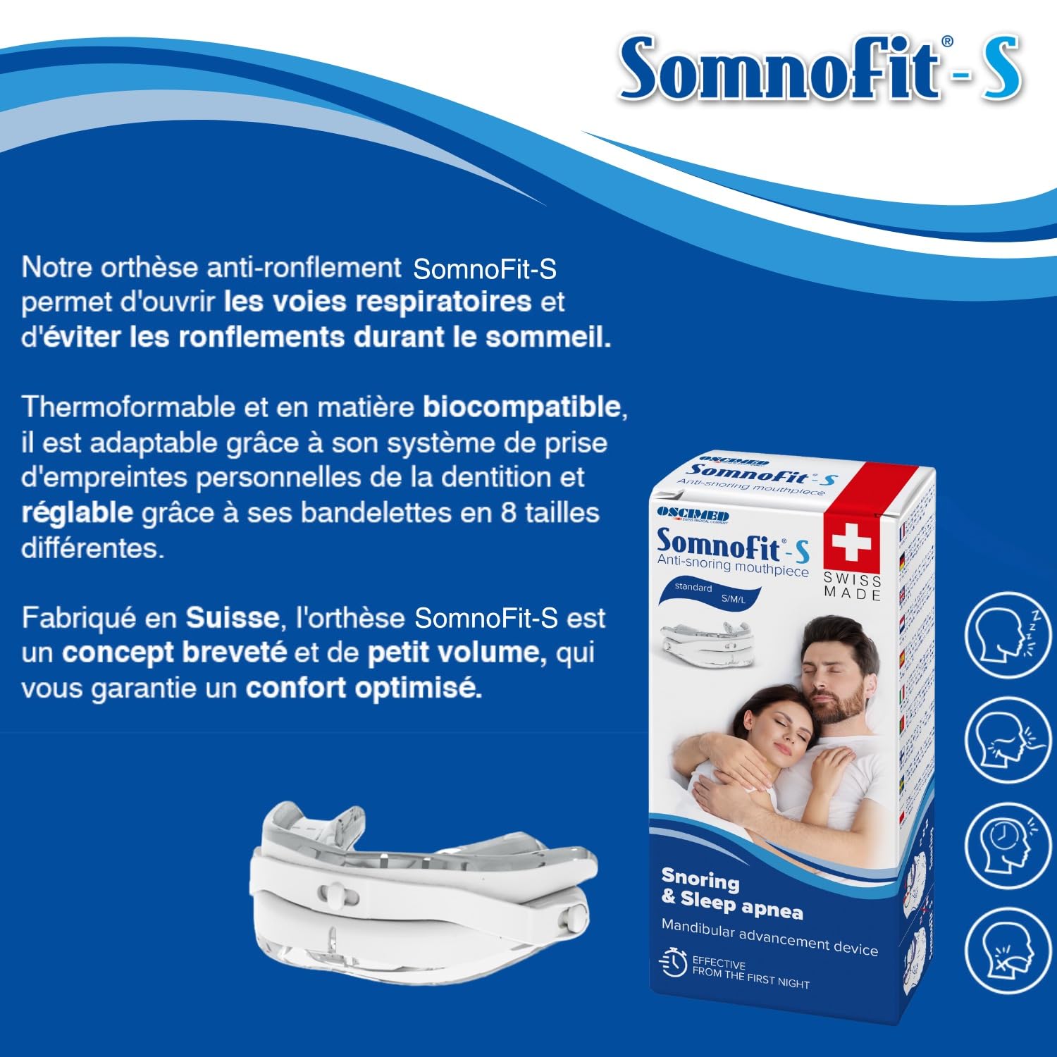 S - Orthèse Anti-Ronflement - Gouttière Dentaire Flexible et Thermoformable - Design Breveté, Grand Confort - Orthèse Mandibulaire Fabriquée en Suisse
