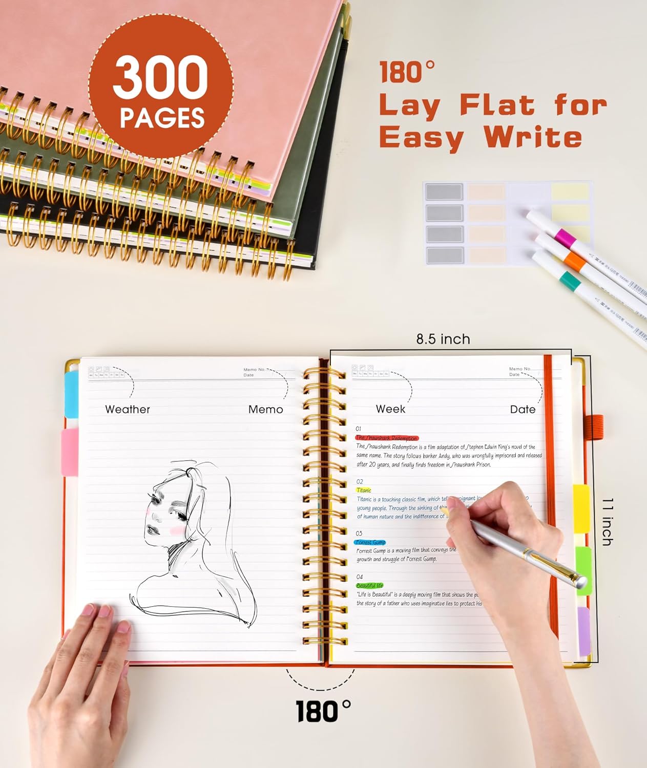 Hardcover Spiral Notebook 8.5"x11" Journal with Removable Dividers Tabs, 300 Pages Leather 5 Subject Notebook College Ruled, Large Notebooks for Work School, Lined Journal for Women, A4 Orange