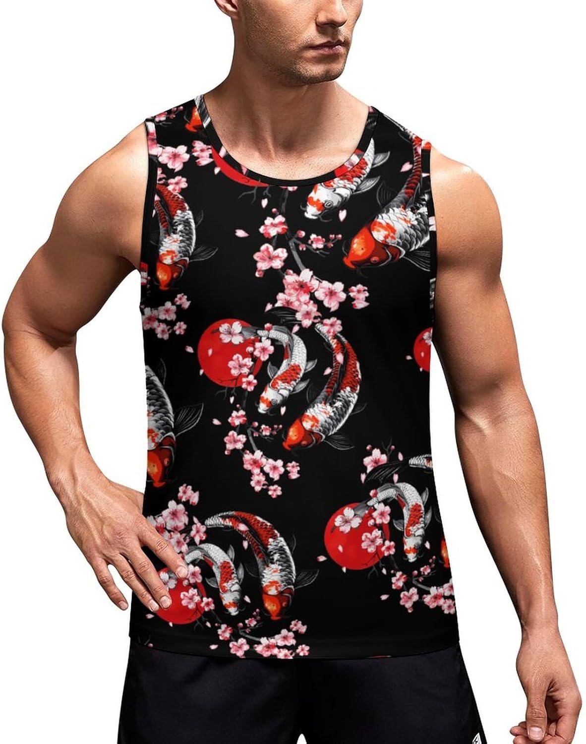 Cherry Flowers Japanese Fish Men's Tank Top Sleeveless Muscle Shirts Vest Beach T Shirts for Workout Gym
