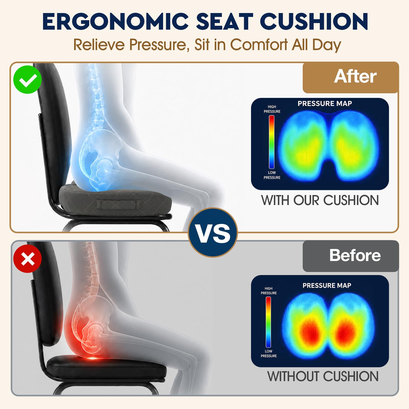 TushGuard Seat Cushion - Memory Foam Cushion for Office Chair, Car Seat, Airplane, Bleacher - Sciatica & Hip & Coccyx Pain Relief Desk Chair Cushion for Long Sitting Office Workers, Car Drivers