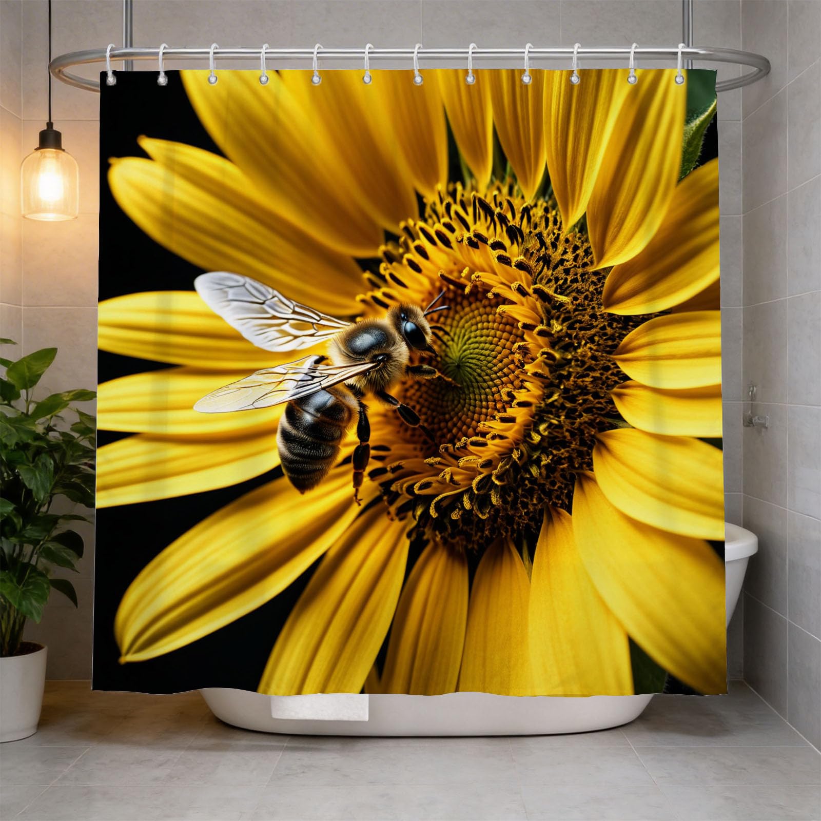 Hongduo 3D Sunflowers Shower Curtain for Stalls Bathtubs Cute Bee Bathroom Decor Shower Curtain Set Polyester Fabric Waterproof 200x200cm/79X79 Inch with Hooks