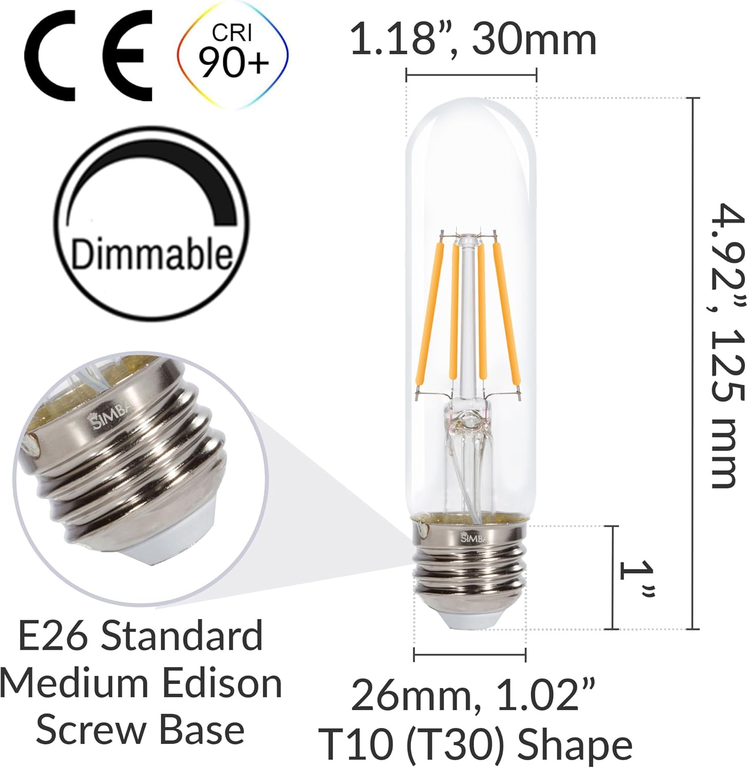 Simba Lighting LED T10 Tubular Edison Filament Light Bulbs (3 Pack) 4W Dimmable 40W Equivalent 120V for Cabinet Display, Piano Lamps, Clear Glass Decorative, Standard Medium E26 Base, Warm White 2700K