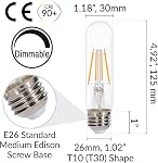 Simba Lighting LED T10 Edison Filament 6W 120V Light Bulb E26 2700K, 3 Pack | Tubular Dimmable 60W Equivalent for Cabinet Display, Piano Lamps, Clear Glass Decorative, Standard Medium E26 Base Warm White