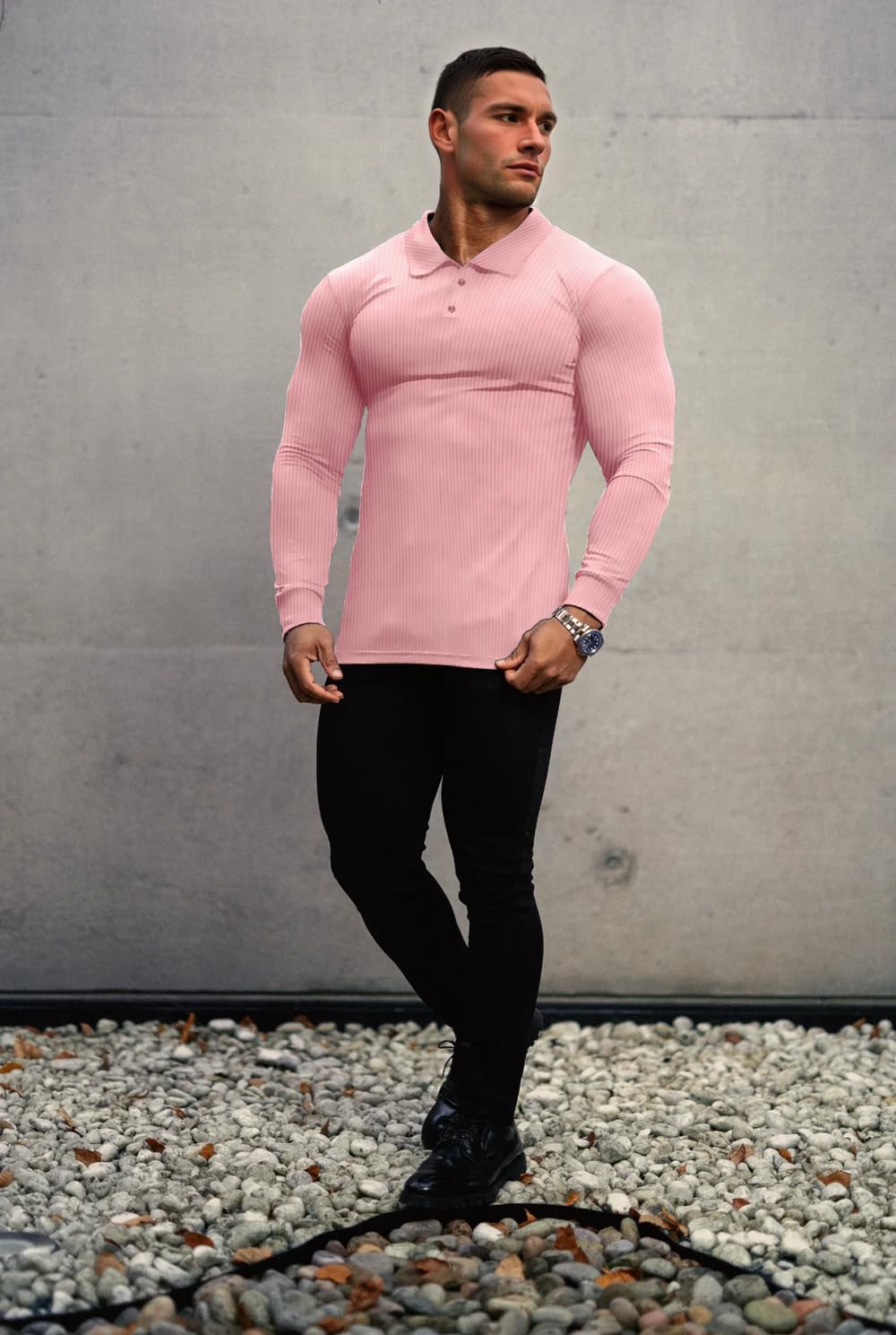 Lehmanlin Men's Muscle Polo Shirts Long&Short Sleeve Casual T- Shirts Slim Fit Stretch Ribbed Golf Tops - Image 6