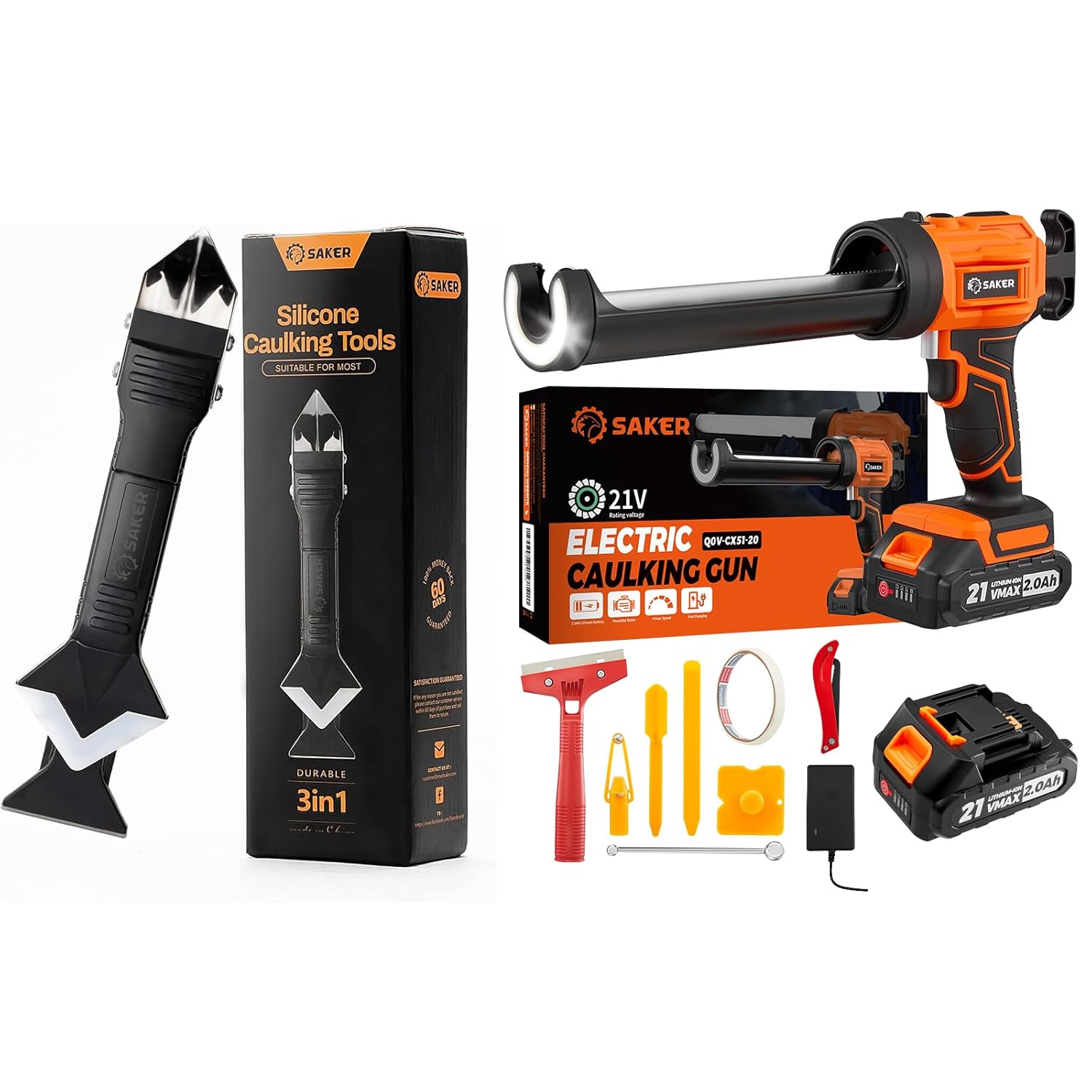 Saker Cordless Electric Caulk Gun with LED Light & 2 Batteries + 3-in-1 Silicone Caulking Tools Set, Drip-Free Caulking Gun Kit with Adjustable Speeds, Caulk Remover & Finishing Scraper
