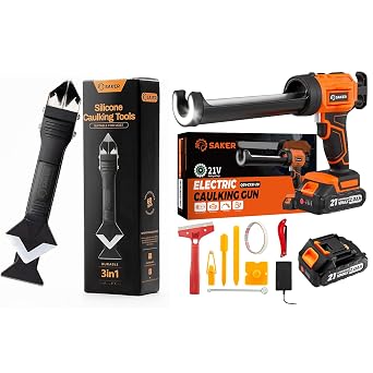 Saker Cordless Electric Caulk Gun with LED Light & 2 Batteries + 3-in-1 Silicone Caulking Tools Set, Drip-Free Caulking Gun Kit with Adjustable Speeds, Caulk Remover & Finishing Scraper