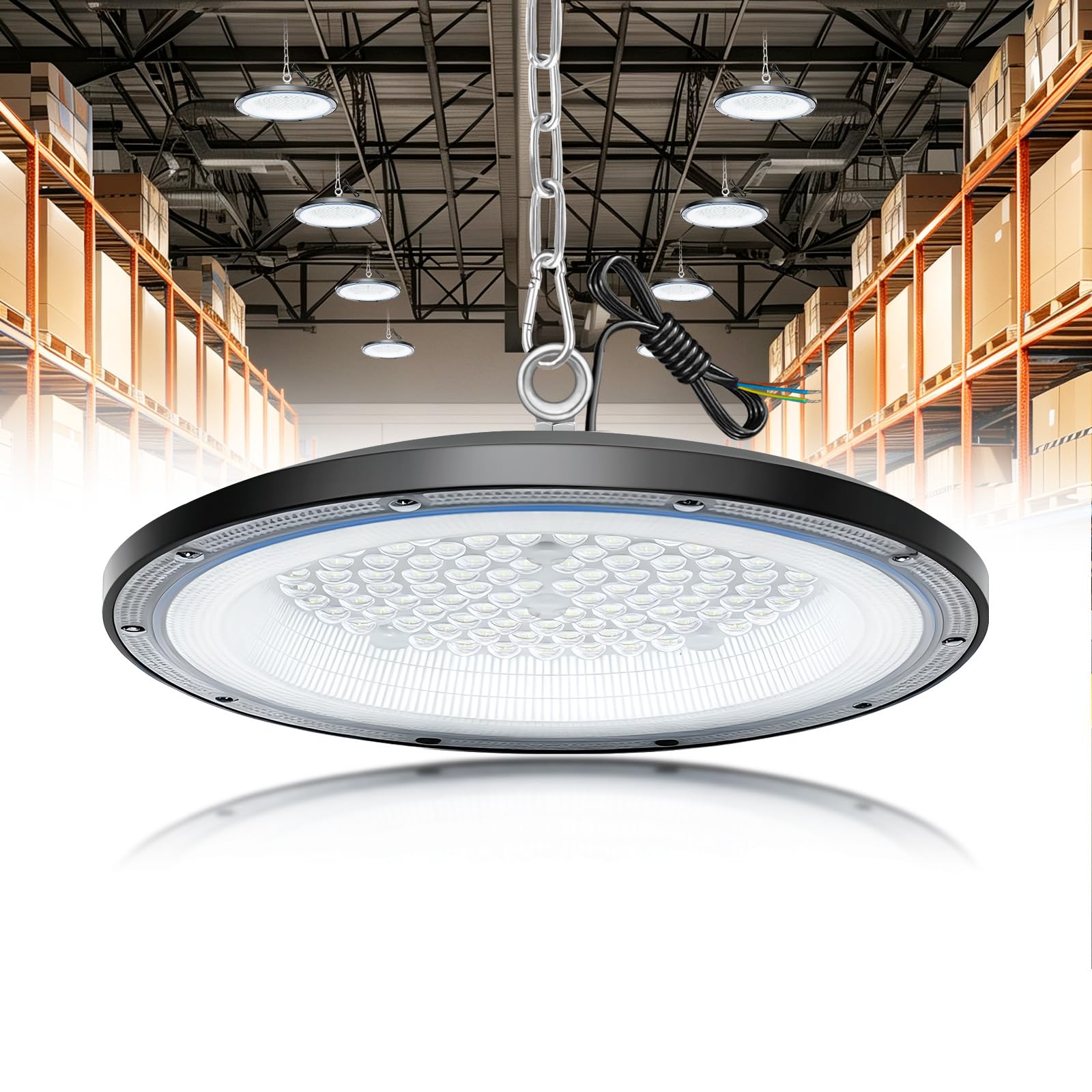 Lampa warsztatowa LED, oświetlenie hali, lampa sufitowa, lampa przemysłowa | Wodoszczelna lampa warsztatowa 6500 K UFO High Bay Light do hali Reflektor do garażu, magazynu fabrycznego, 1 sztuka 200 W