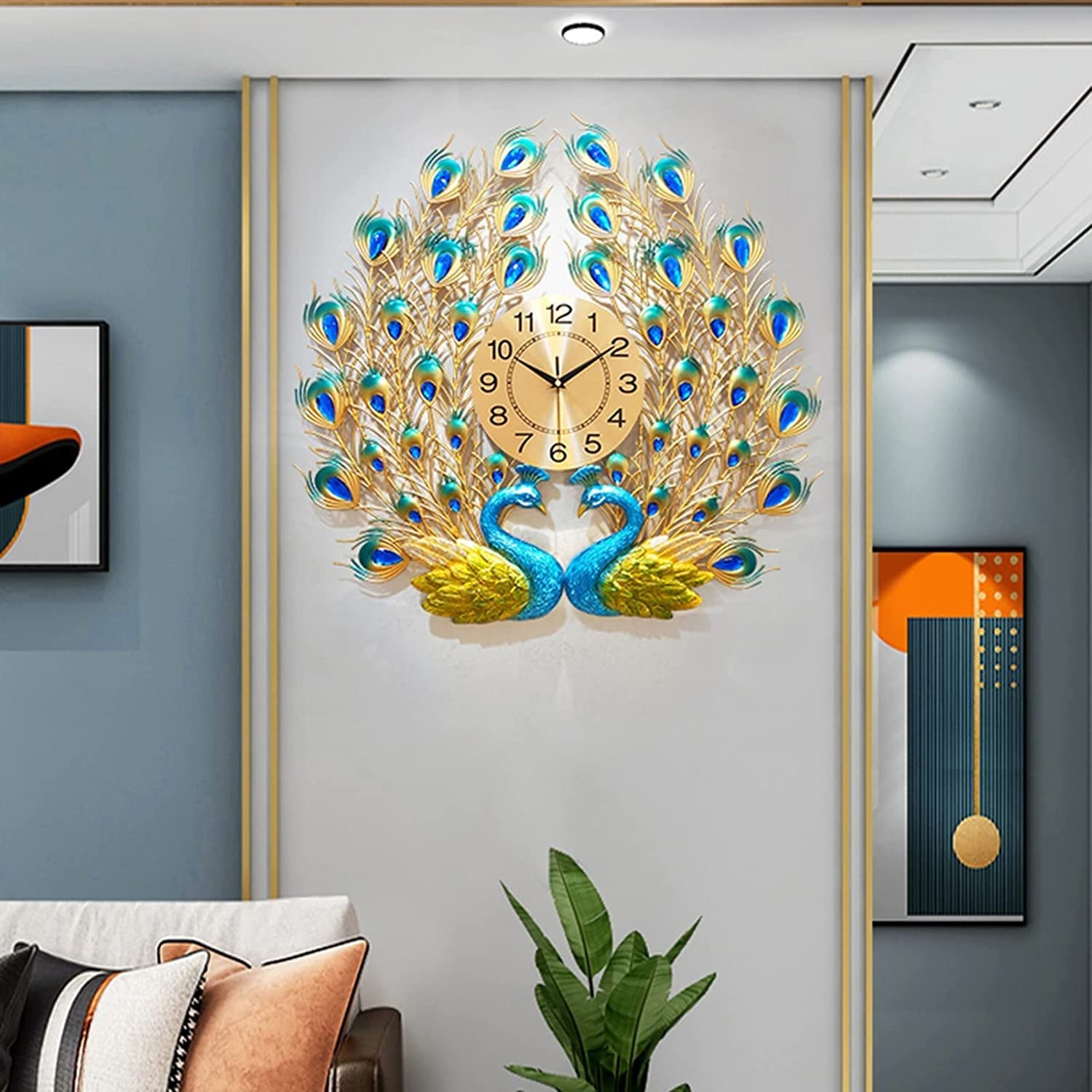 SaryEdge Wall Clock Large Peacock Wall Clock Decoration Modern Metal Art Clock Quartz Powered Silent Non-Ticking Bedroom Wall Clock 63 * 60 Cm,