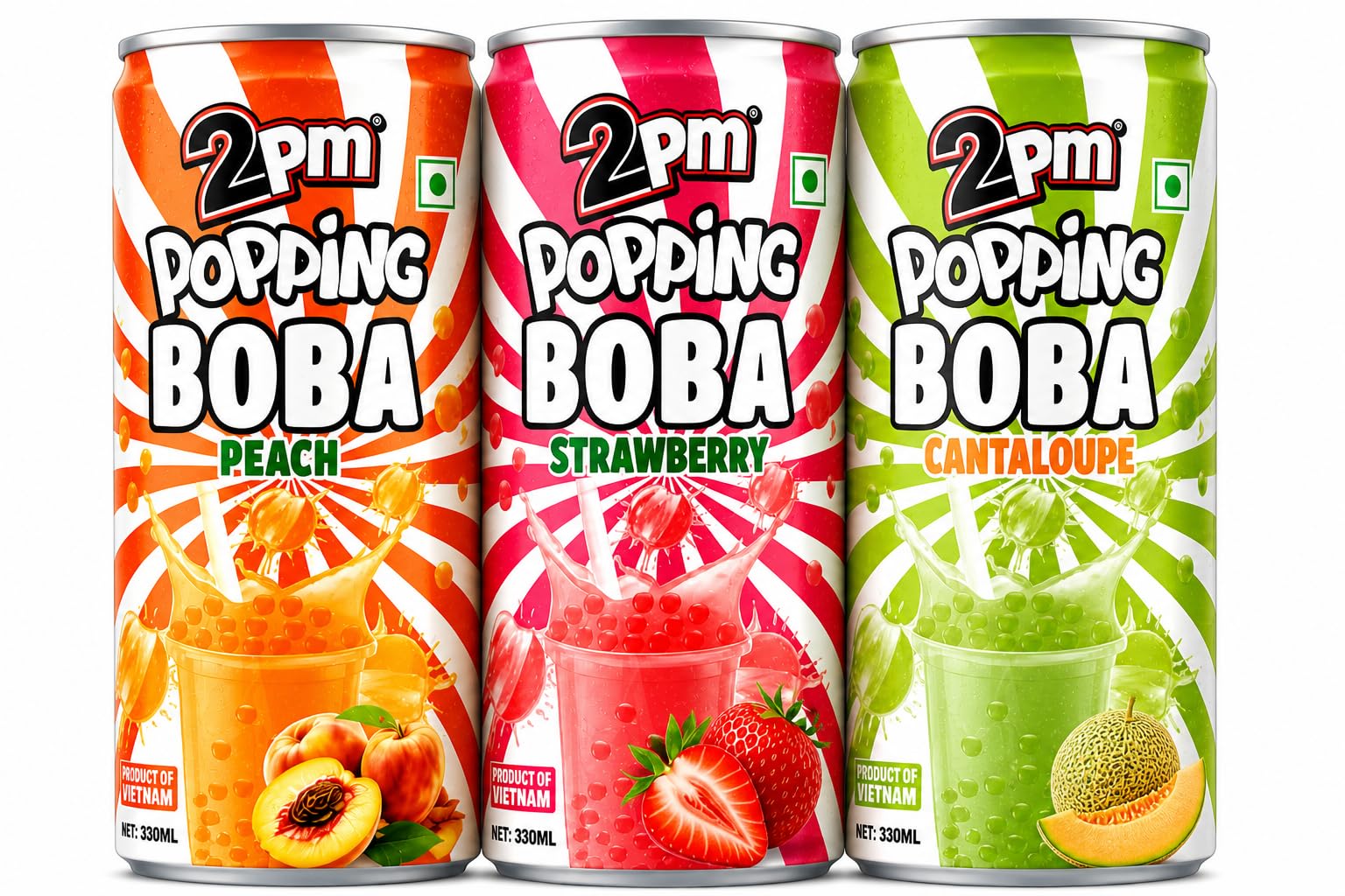 2PM Popping Boba Drink Combo Pack (Peach, Strawberry & Cantaloupe), 330ml Each | Assorted Flavours | Pack of 3-image-22