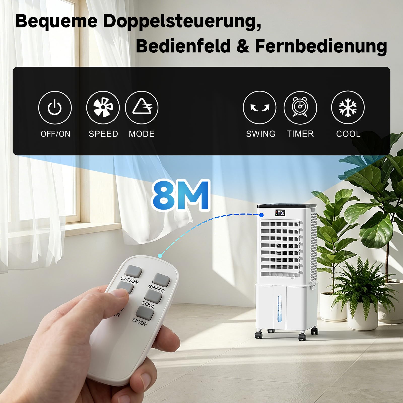 4-in-1 tragbares Klimagerät, Verdunstungsluftkühler mit 10L Wassertank, 4 Modi und 3 Geschwindigkeiten, 1-12h Timer mit Rollen, für Zuhause (Silberweiß)