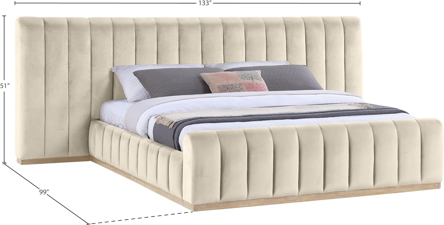 Meridian Furniture AmaraCream-K133 Collection Modern | Contemporary King Bed, Ultra Luxe Cream 460 GSM Velvet, Natural Finish, Solid Wood Base and Inner Frame, 133" W x 99" D x 51" H, Cream, King