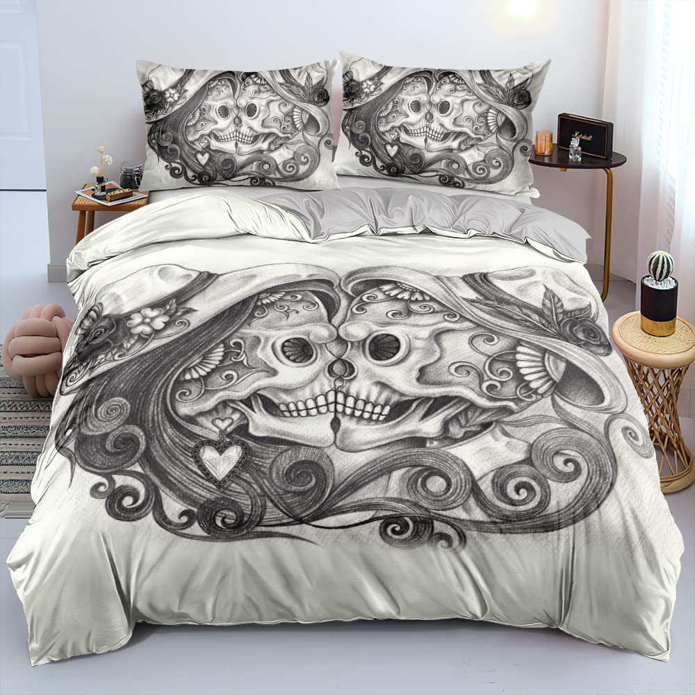 Bettwäsche 135x200 4 teiliges Set 3D Skelett Bettwäsche Totenkopf Motiv Weiß Wendebettwäsche Gothic Mikrofaser Bettwäsche Halloween für Pärchen mit Reißverschluss und 2 Kissenbezügen 80x80 cm