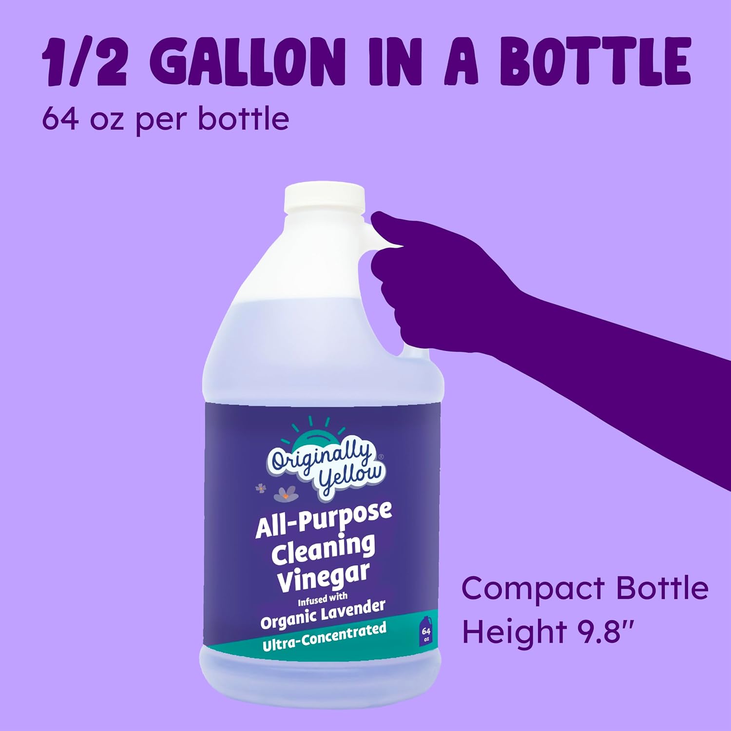 Originally Yellow Lavender Vinegar For Cleaning Purpose | USA Made All Purpose Cleaner | Use as a Floor, Glass, Kitchen, & Bathroom Cleaner | Plant Derived Vinegar Half Gallon | 64 Oz
