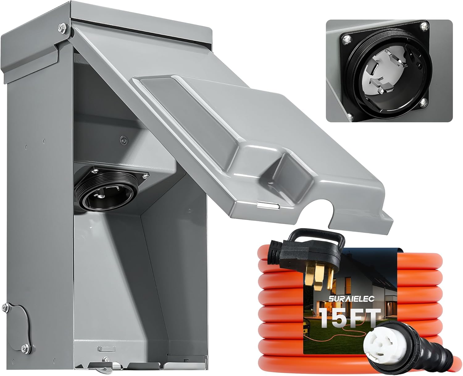 SURAIELEC 50 Amp 15FT Generator Cord and Power Inlet Box, Generator Box with 3-Prong Generator Cord, NEMA SS2-50P to SS2-50R Generator Cord Combo Kit, ETL Listed Outlet, Ready for Emergency Use