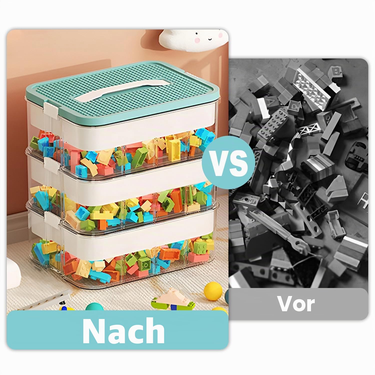 Aufbewahrungsbox für Lego Bausteine,Kisten Spielzeug Aufbewahrung mit Deckel,Sortierboxen Kleinteile Stapelbar (Zwei Ebenen-Gelb)