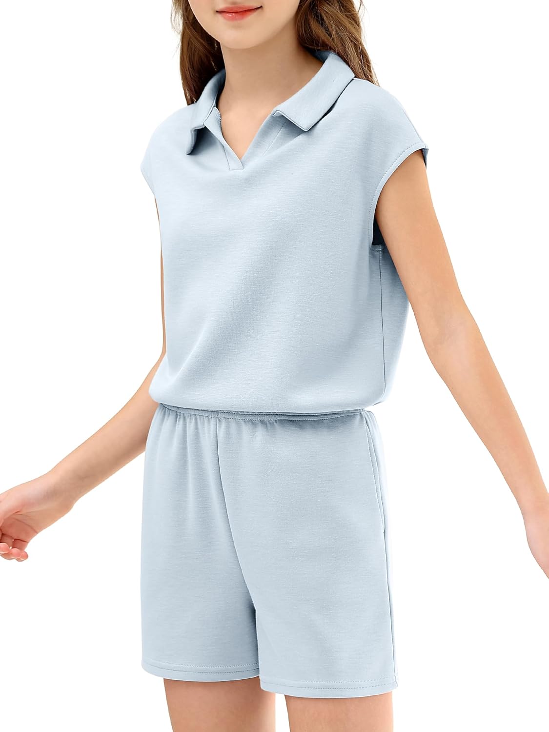 XMWEALTHY Girls Two Piece Set Casual Summer Outfits Cap Sleeve Tshirt and Drawstring Shorts with Pockets School Girls Clothes