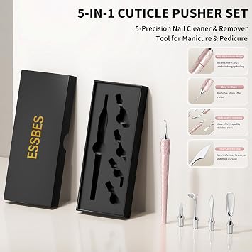 5 in 1 Cuticle Pusher Set with Aluminum Handle Precision Nail Cleaner Remover Tool for Manicure & Pedicure