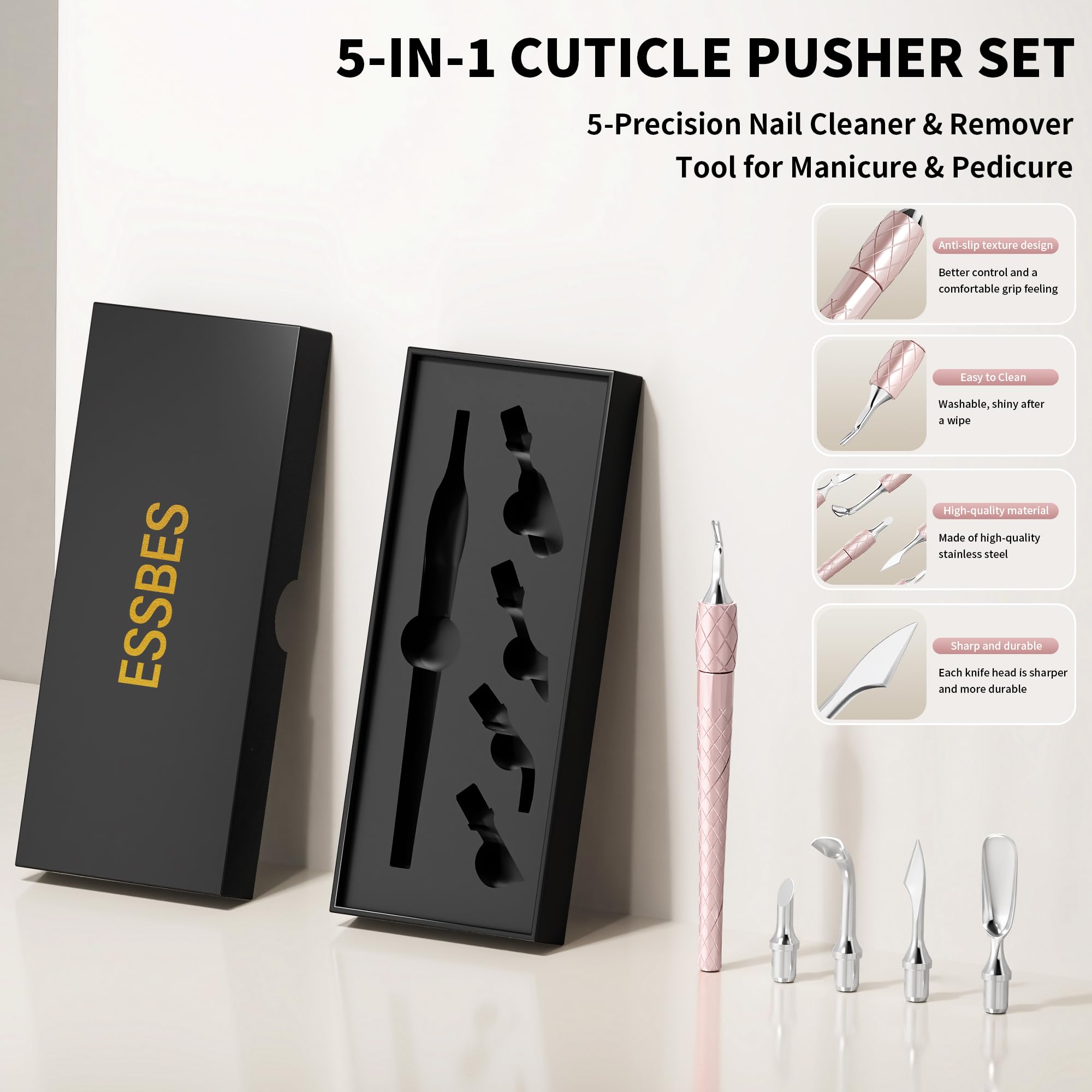 Juego de empujador de cutículas 5 en 1 con mango de aluminio, herramienta de limpieza de uñas de precisión para manicura y pedicura