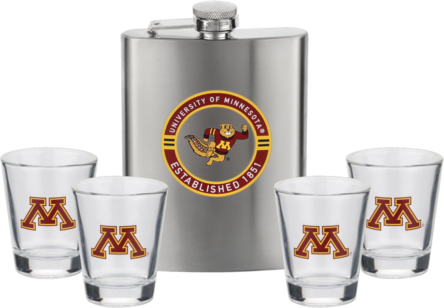 The Memory Company | Licensed NCAA Stainless Steel Team Logo Flask and (4) Shot Glass Set