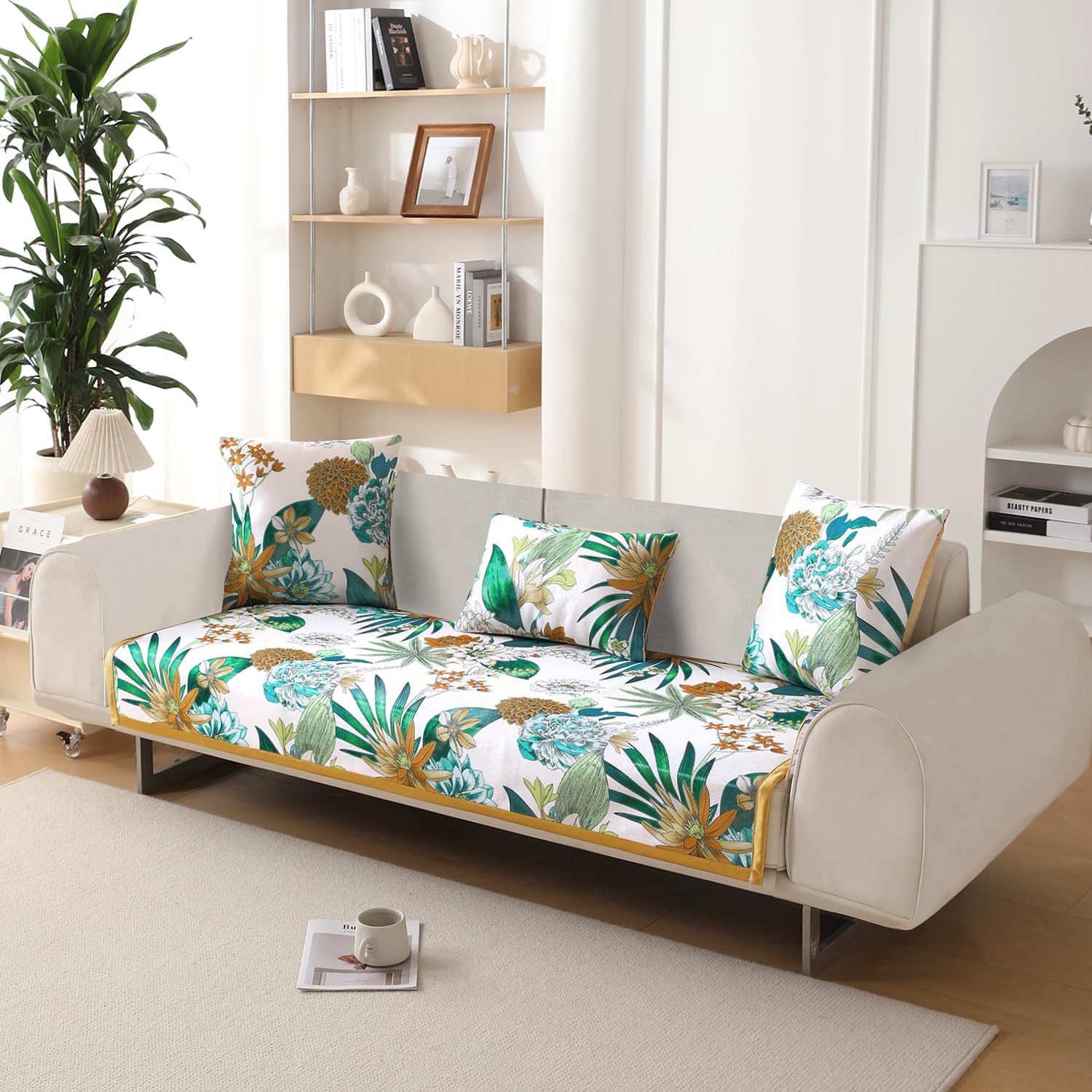 HOKIPO Luxury Sofa Seat Mats, Anti Slip Ice Silk Fabric, 90(D) x 160(L) cm, Pine Green Floral (AR-5101-D1)