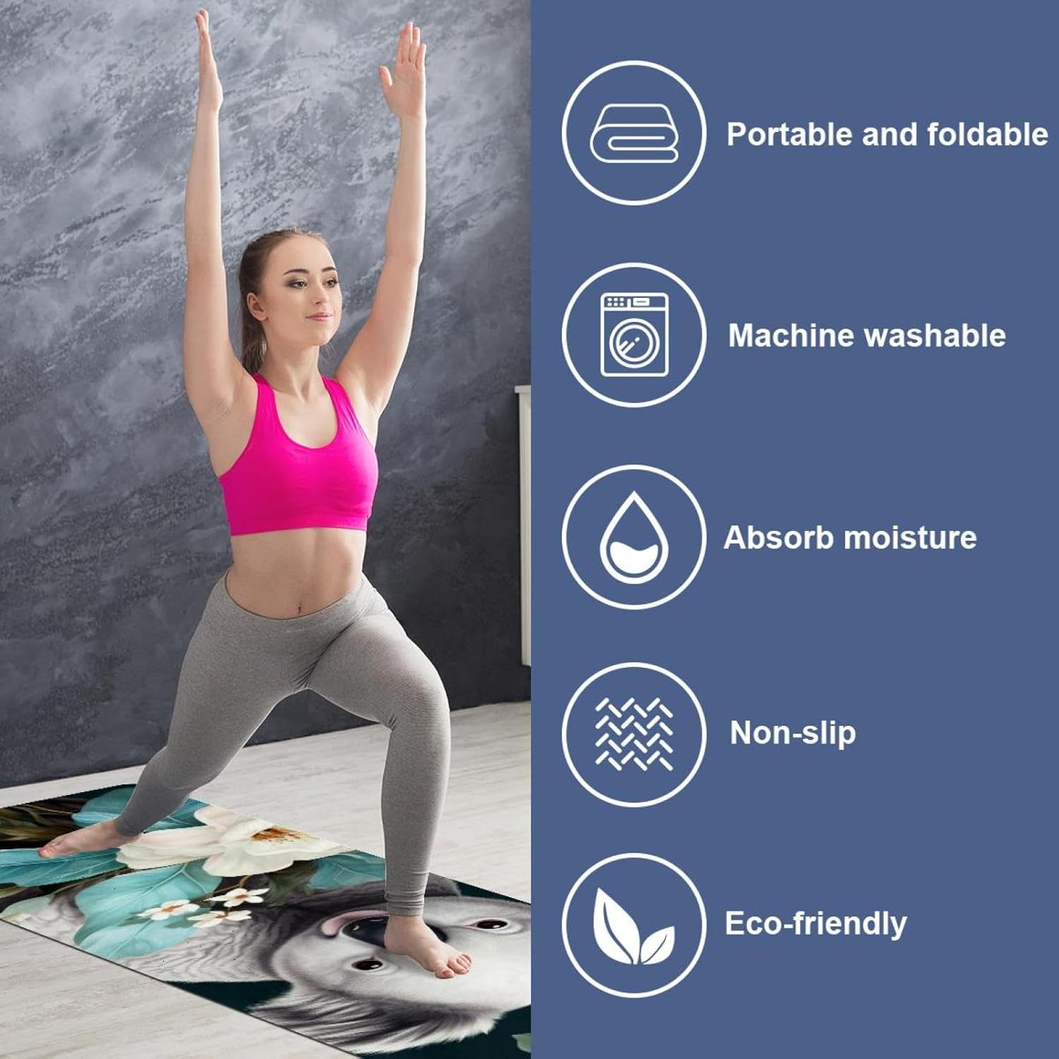 Yoga Towel, Koala Flowers Pattern Non Slip Sweat Absorbent Hot Yoga Mat Towel for Hot Yoga, Pilates and Fitness - 72.8" x 26.8"