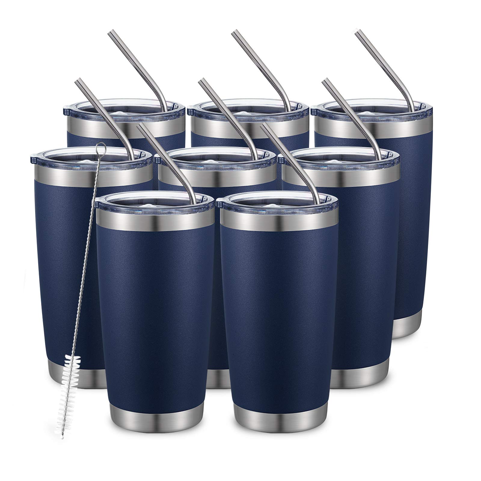 COMOOO Doppelwandiger, vakuumisolierter Kaffeebecher aus Edelstahl, mit Deckel und Strohhalm, langlebig, pulverbeschichtet, isoliert, Kaffeetasse für kalte und heiße Getränke, Marineblau, 8 Stück