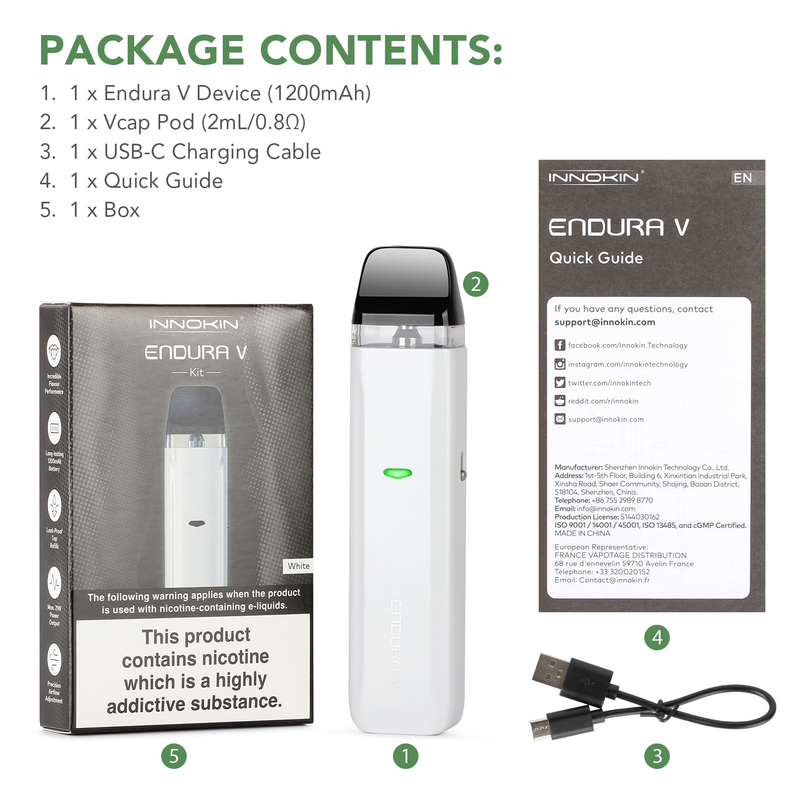 Innokin Endura V Kit, 2ml E Cigarette Starter Kit, 1200mAh, Long-Lasting  Battery, Adjustable Airflow, Inhale Activation, 21W Output E Cigarettes  Vape Kit, No Nicotine (White): Amazon.co.uk: Electronics & Photo