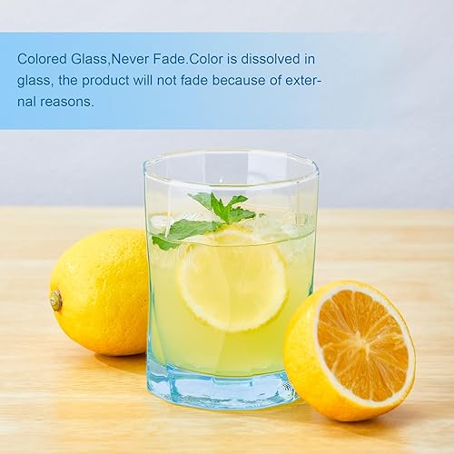 Miniatura 7 de CREATIVELAND Juego de 6 vasos de vidrio con formas geométricas, color azul sólido, cristalería de 10 onzas para agua, jugo, diferentes opciones para