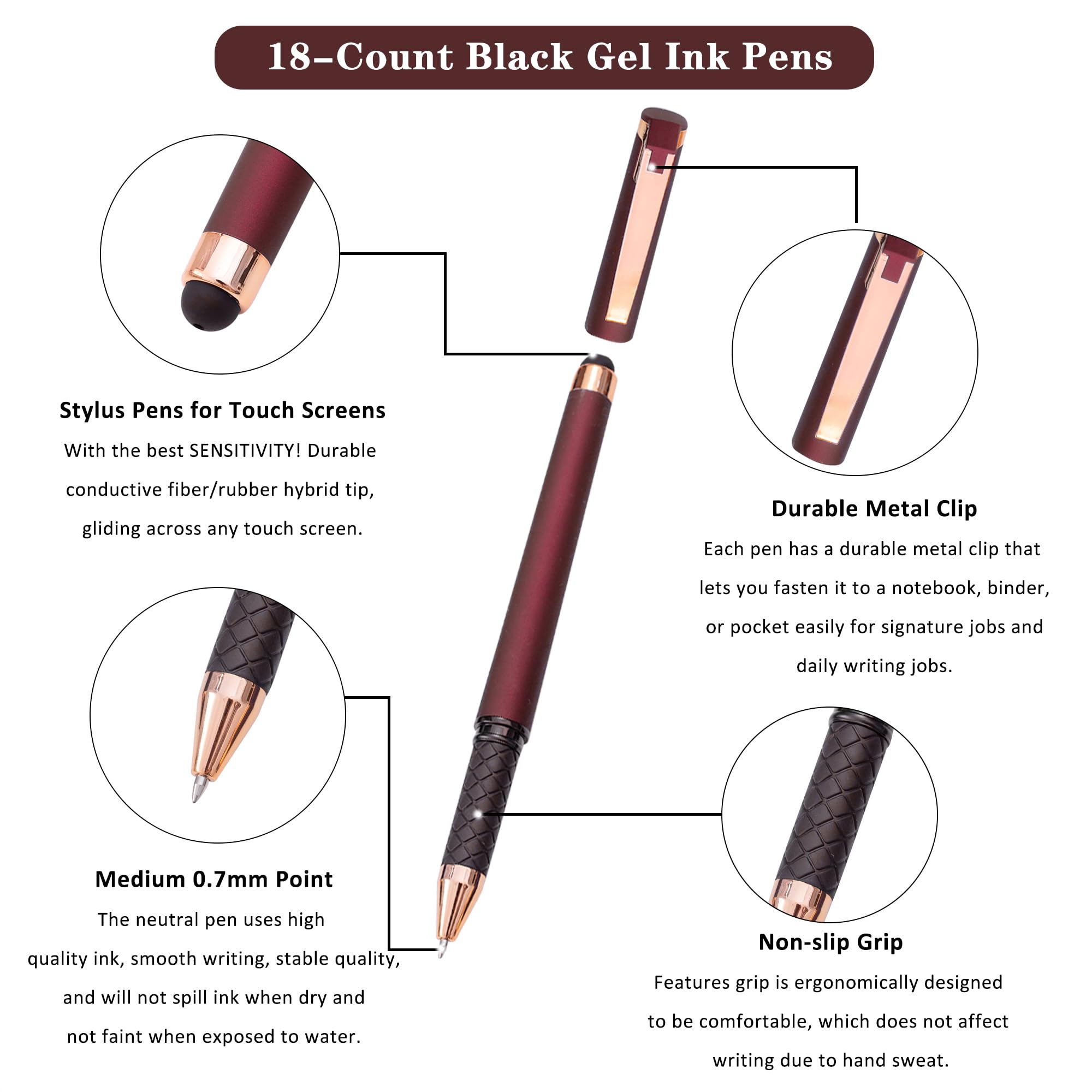 Linbsunne Bolígrafos de gel negros de 1 mm de punta media, bolígrafos de oficina 2 en 1 para pantallas táctiles, bolígrafos de tinta de gel para escribir (paquete de 18 unidades), color rojo