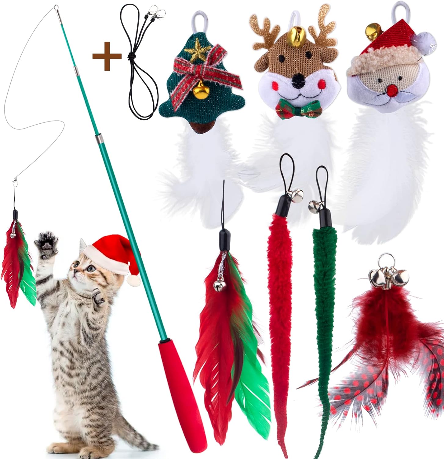 9PCS Christmas Cat Toy Replaceable Feather Cat Toys Attachments Retractable Cat Wand Plush Worms Catnip Toys with Bells Spare Nylon Rope Gift for Indoor Cats Kitten