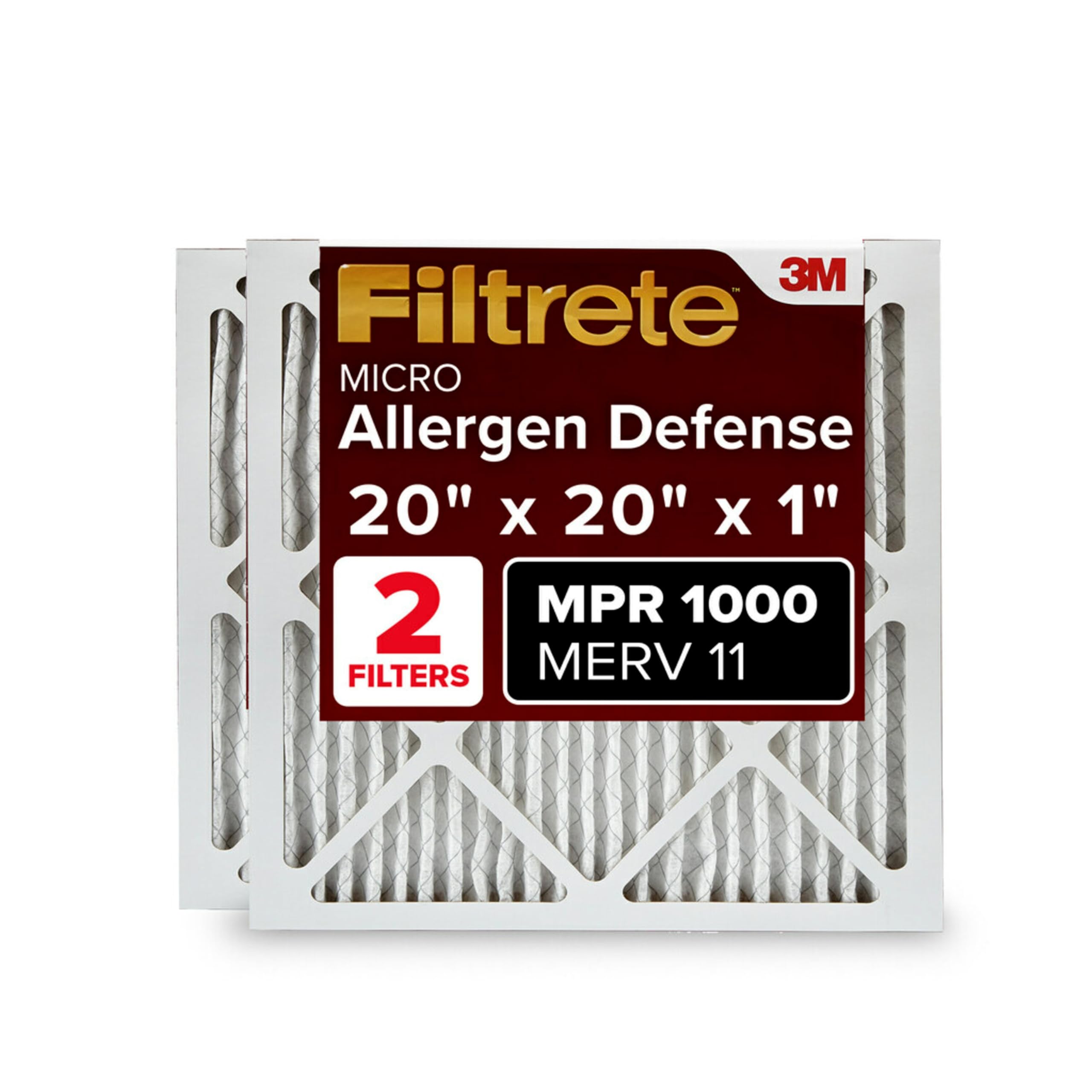 Photo 1 of **dented**
Filtrete 20x20x1 AC Furnace Air Filter, MERV 11, MPR 1000, Micro Allergen Defense, 3-Month Pleated 1-Inch Electrostatic Air Cleaning Filter, 2 Pack (Actual Size 19.719 x 19.719 x 0.84 in) 20 x 20 x 1