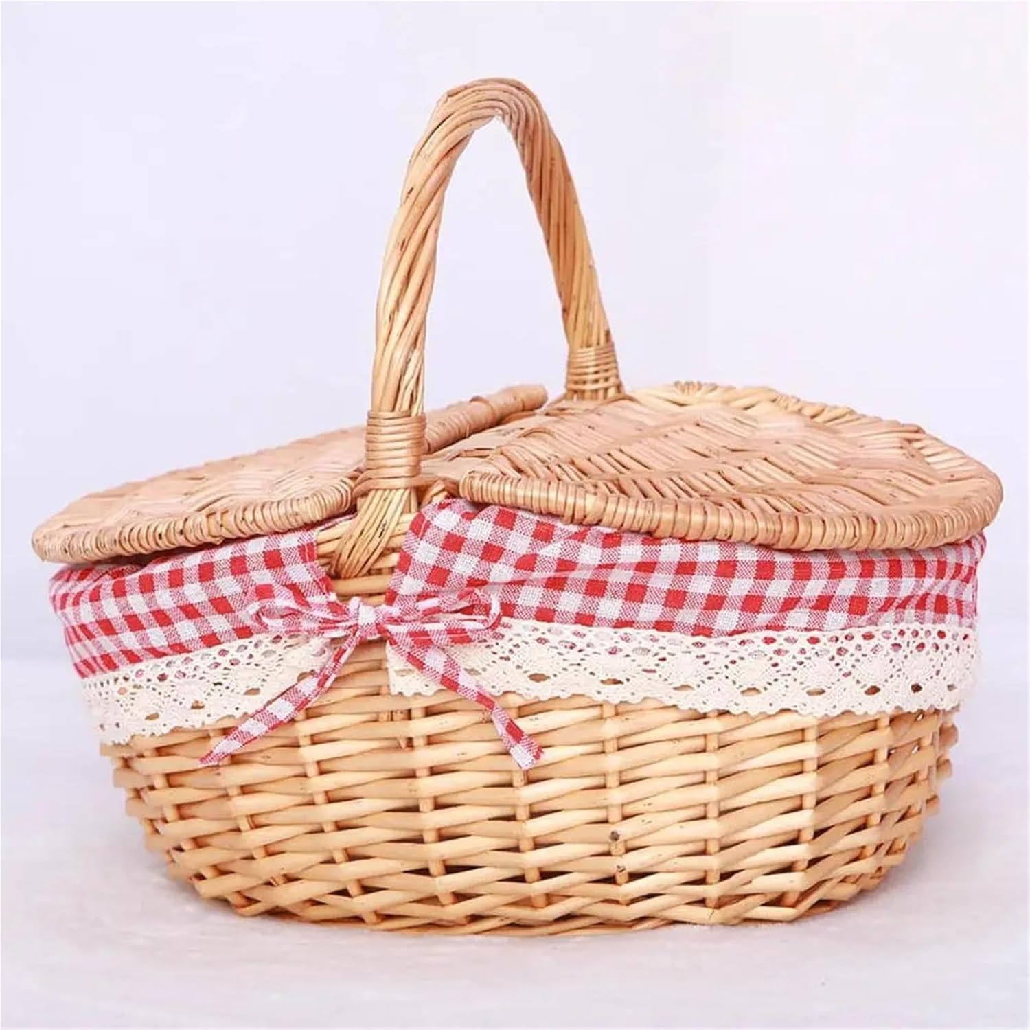 Handmade Wicker Picnic Basket with Lid & Handle, Multi-Purpose Storage Tray for Desktop Decor & Organizing(A)