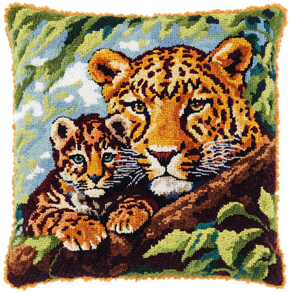 ORLUMY Latch Hook Embroidery Kits Latch Hook Kit Hanging Leopard Mother and Cub Latch Hook Kit Hanging Needlework Pillow Cover Latch Hook Carpet Kit 17X17 Inch