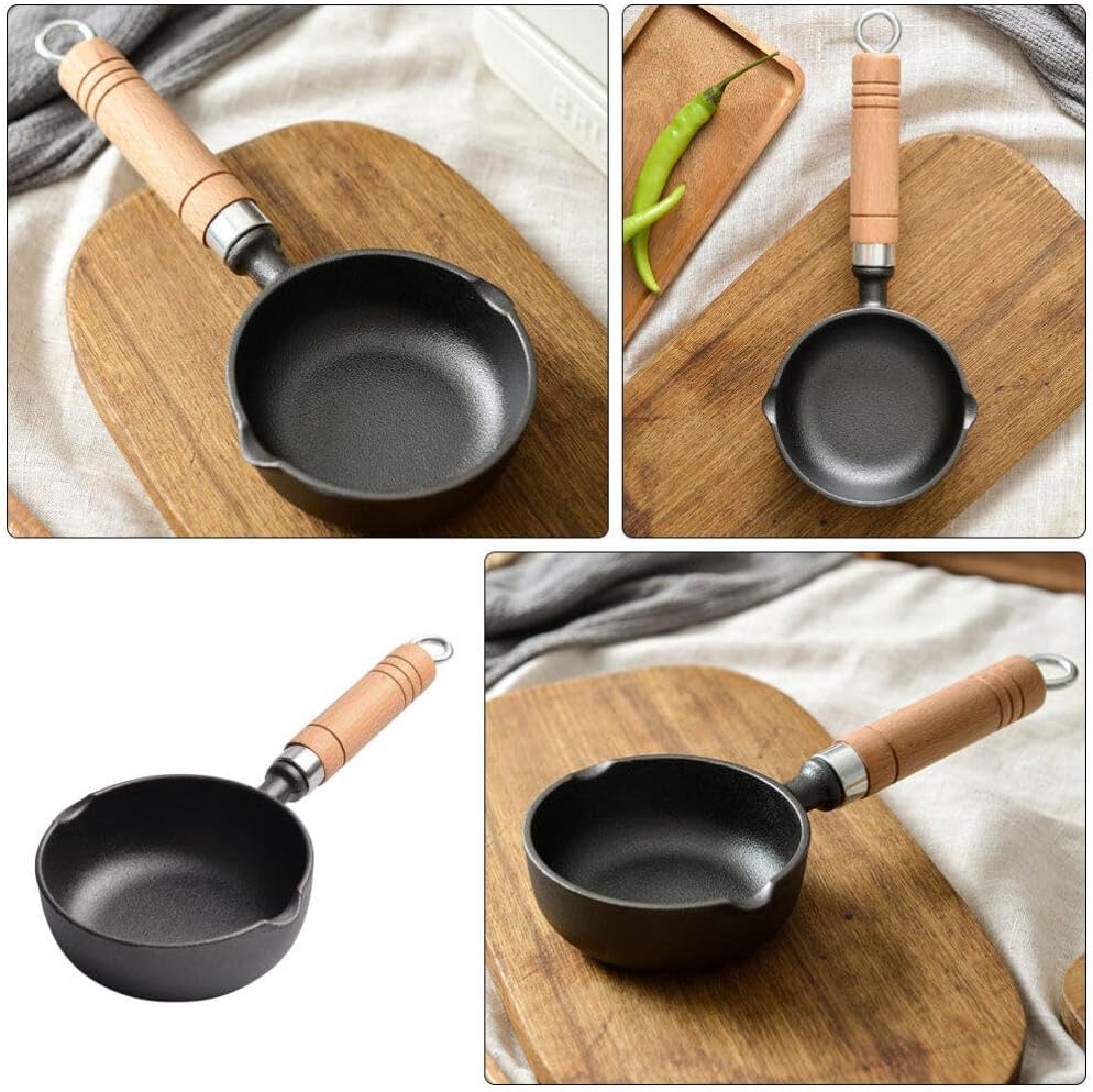 Mini Frying Pan Iron Small Sauce Pot with Wooden Handle