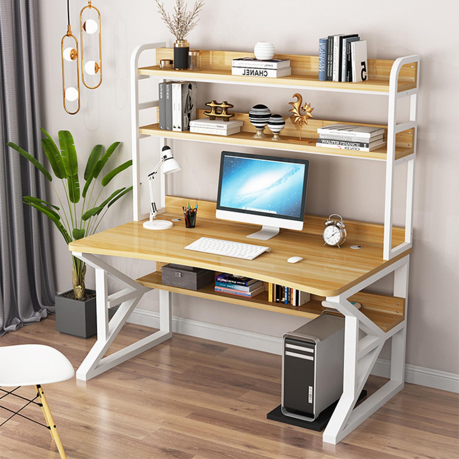 Poste de travail PC incurvé bureau compact bois et blanc 100 cm