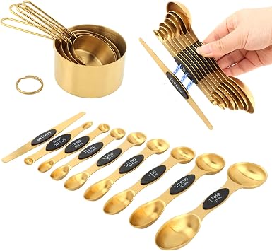 13pcs Gold Stainless Steel Measuring Cups and Spoons Set, 8 Double-Sided Magnetic Measuring Spoons & 4 Metal Measure Cups & 1 Leveler for Liquid Dry Ingredients Cooking BakingCOLORGold