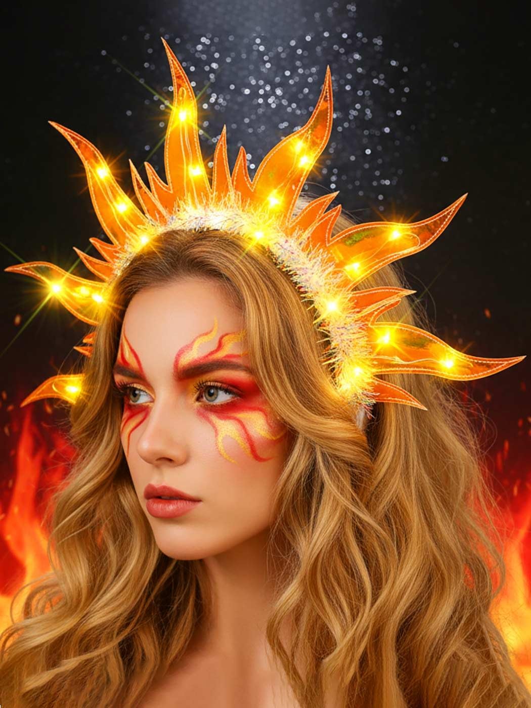 JEAIRTS Light Up Fire Headband Glow Flame Crown Headpiece Led Sun Goddess Hair Accessories for Women - Image 3