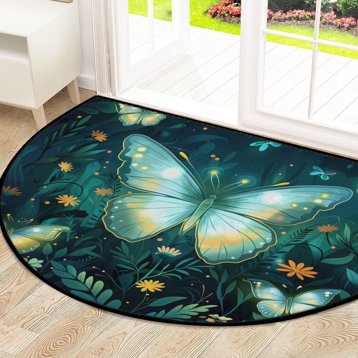 Mexpekil Paillasson demi-rond en forme de demi-lune pour intérieur et extérieur - Lavable - Absorbant la saleté - Motif papillons - 100 x 160 cm