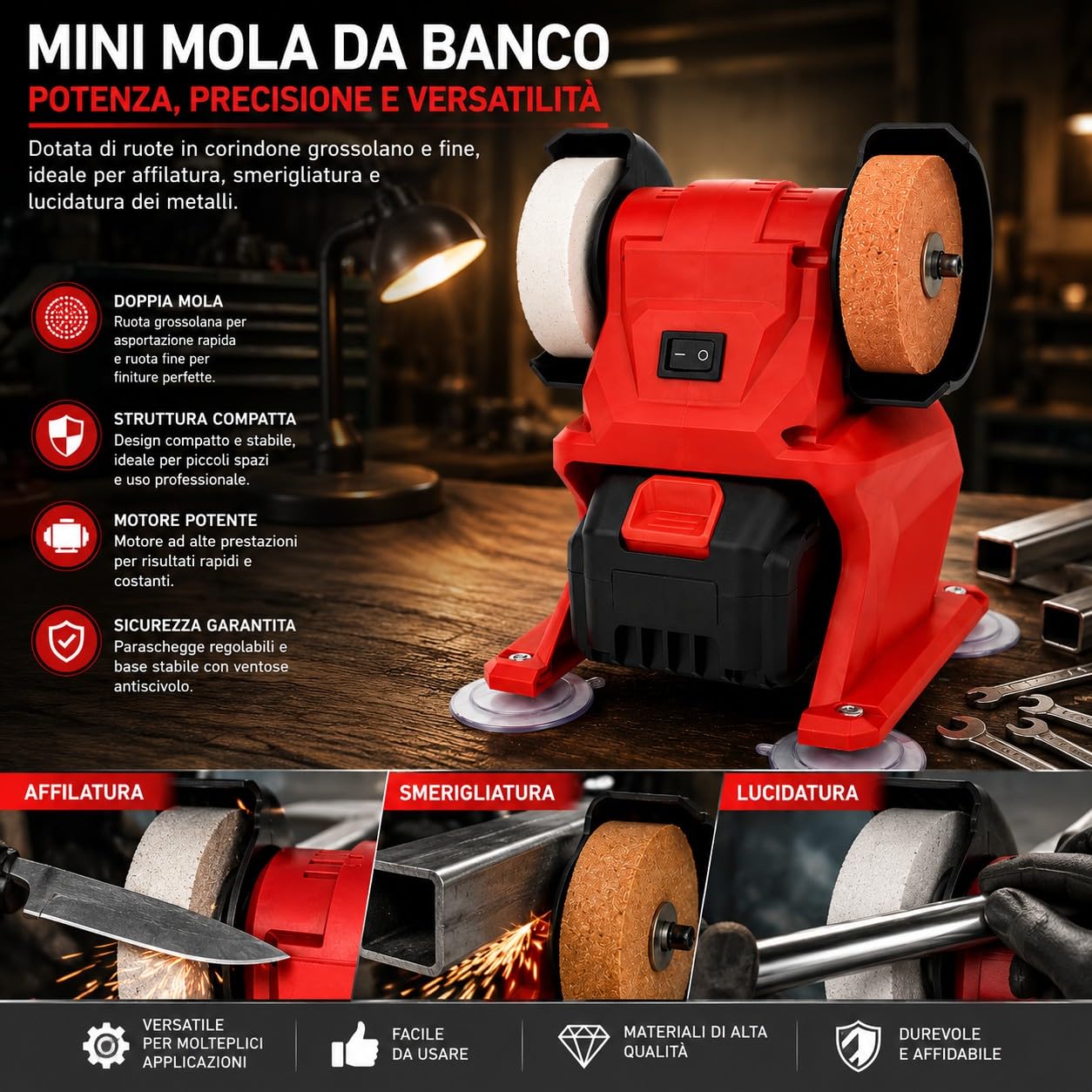 Mini Mola Smerigliatrice da Banco a Batteria con 2 Batterie M88 XC5.0 Doppia Pietra Abrasiva Ø70mm Motore 200W 5500 RPM Affilatrice da Banco Compatta per Lucidatura di Metallo, Legno e Gioielli