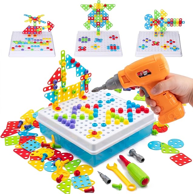 Creative Building Toys Mosaic Drill Set, Power Tools for Kids with Screwdriver Toy, Workshop Games for 3 4 5 6 7 8 Years Boy and Girl, Educational Toy