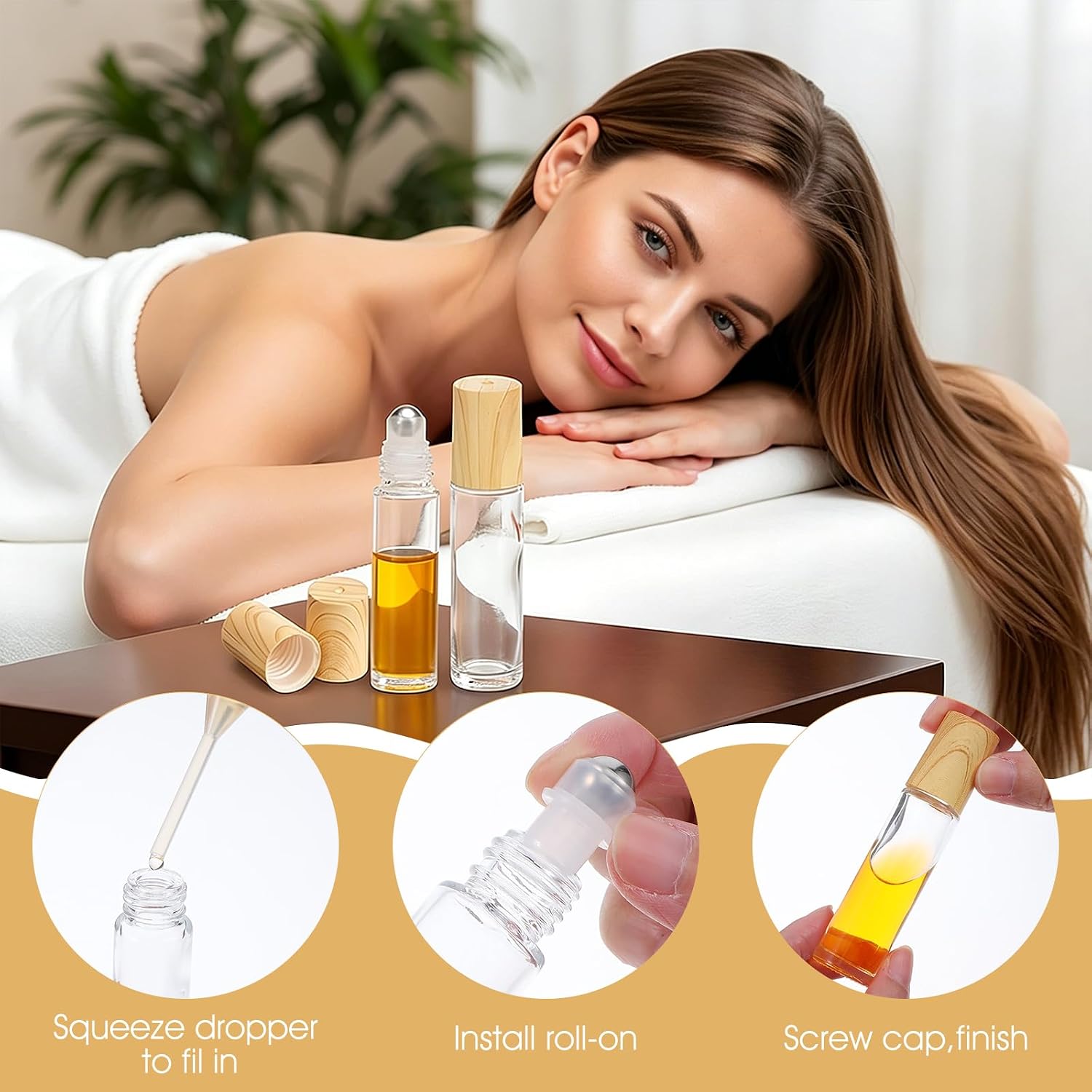 24 Pcs Roller Bottles for Essential Oils, 10ml/0.34oz Clear Glass Roller Bottles for Oils with Bamboo Lids & Stainless Steel Ball, Refillable Perfume Sample Bottle with 1 Opener & 2 Pipettes
