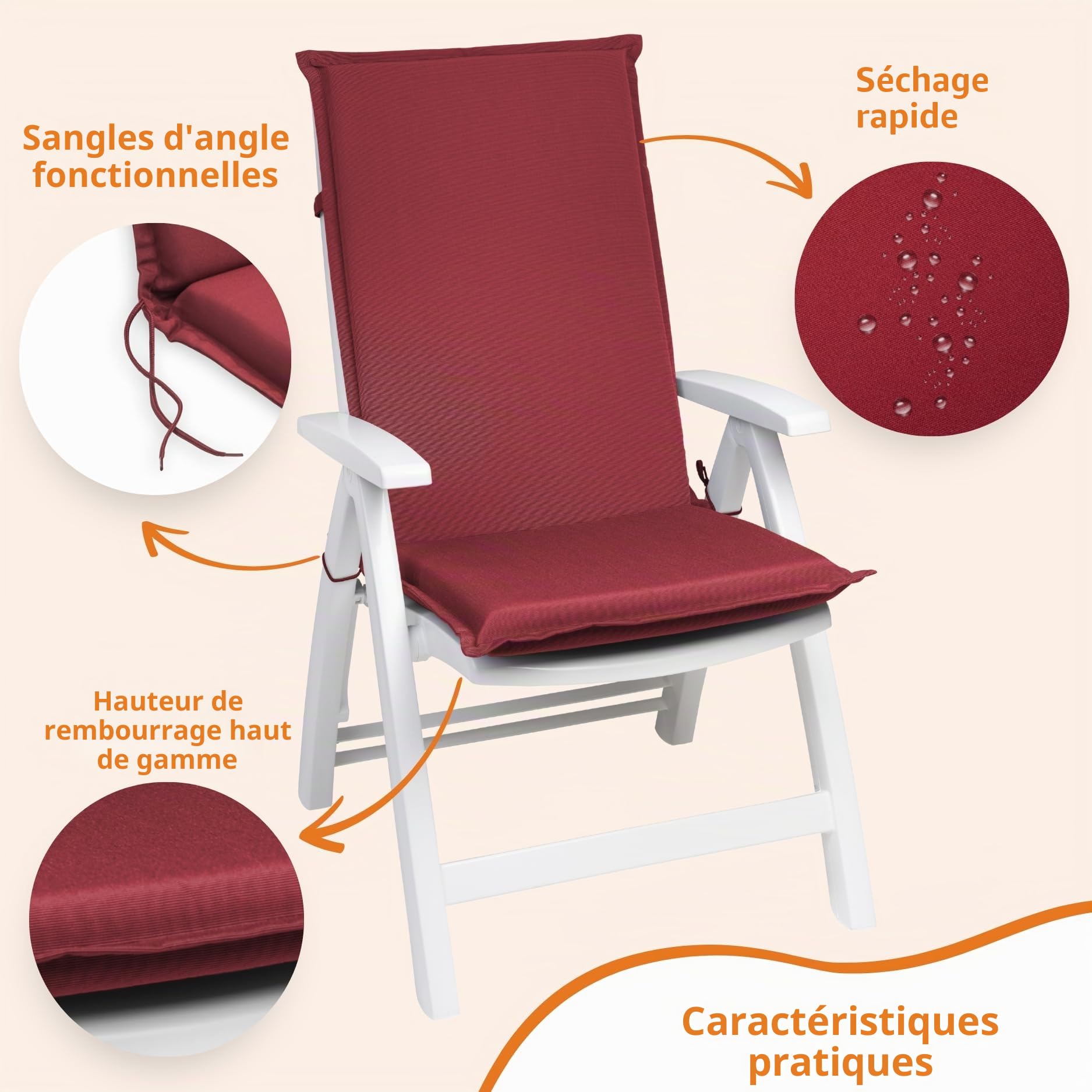 sleepling 193927 Lot de 2 Coussins d'extérieur pour Fauteuil à Dossier | Chaise de Jardin | Chaise de terrasse | Fabriqué en UE | Bande de réglage | Housse Amovible et Lavable, 120 x 50 x 6 cm, Rouge