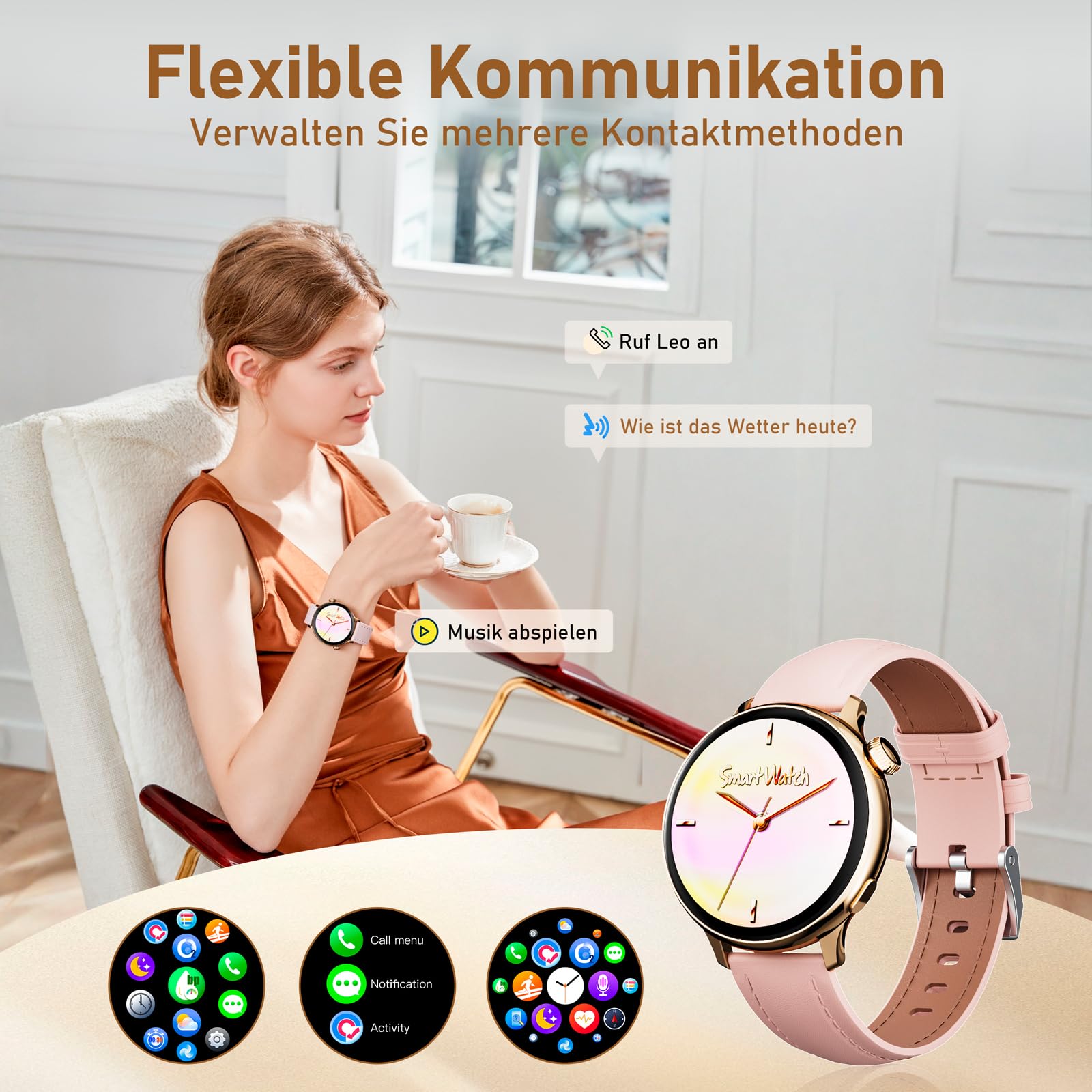 OKYUK Reloj Inteligente Mujer con Llamadas,1.27" HD Smartwatch Mujer con frecuencia cardíaca 24 h, monitorización de SpO2 y del sueño, 90+ Modos Deportivos, Compatible con Android e iOS (Dorado)