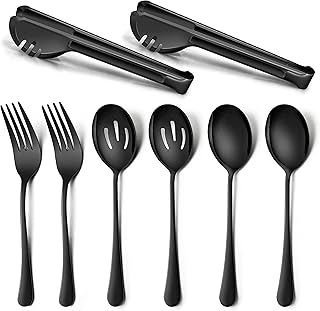 Homikit 8-Piece Stainless Steel Large Serving Spoons, Slotted Serving Spoons, Serving Forks, Serving Tongs, Black Metal Ca...